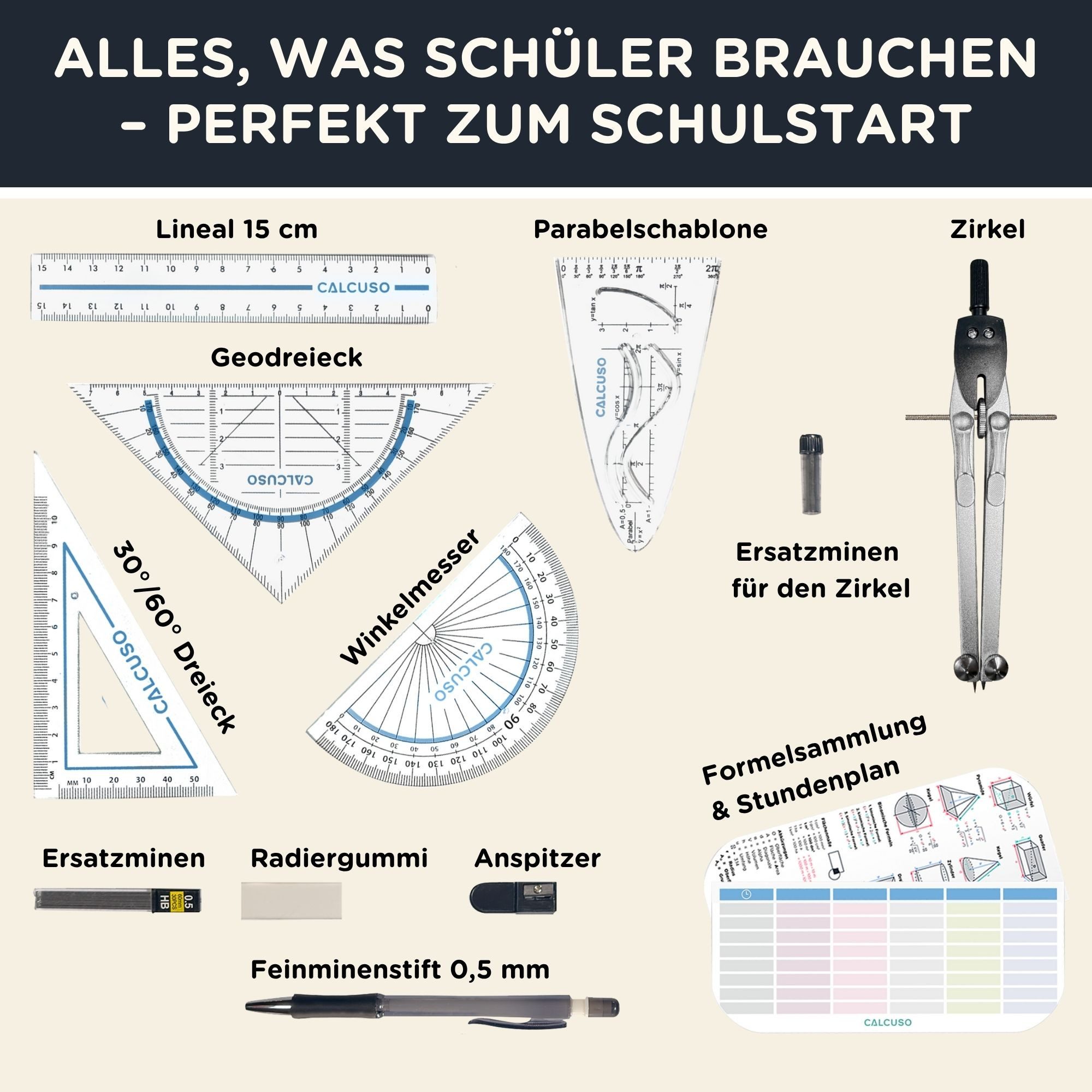 CALCUSO Zirkel Set im Federmäppchen mit Geodreieck & Lineal, Geometrieset - Blau – Bild 2 von 5