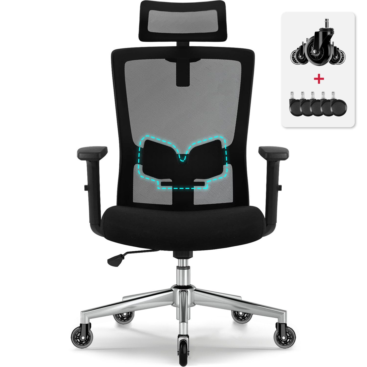 Lexzurn Bürostuhl Bürostuhl ergonomisch, Schreibtischstuhl mit klappbaren Armlehnen (Wippfunktion bis 125), Höhenverstellbarer Chefsessel Drehstuhl, Netzstuhl