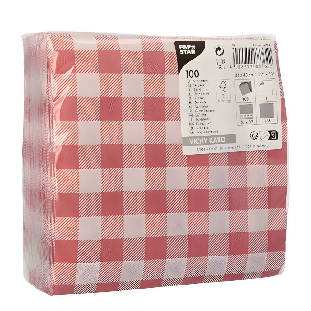PAPSTAR Papierserviette 100 x Servietten, 1-lagig 1/4-Falz 33 cm x 33 cm rot/weiss Vichy Karo