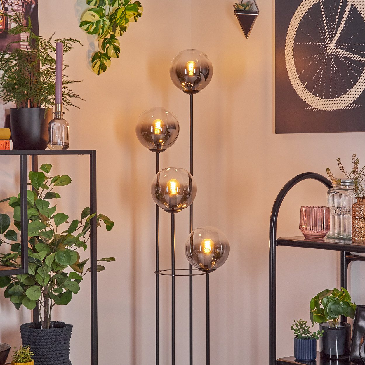 hofstein Stehlampe Stehlampe aus Metall/Holz/Glas in Schwarz/Dunkelbraun/Rauch/Klar, ohne Leuchtmittel, im Retro/Vintage-Design (Schirme Ø 15 cm), Fußschalter, 147 cm, E14