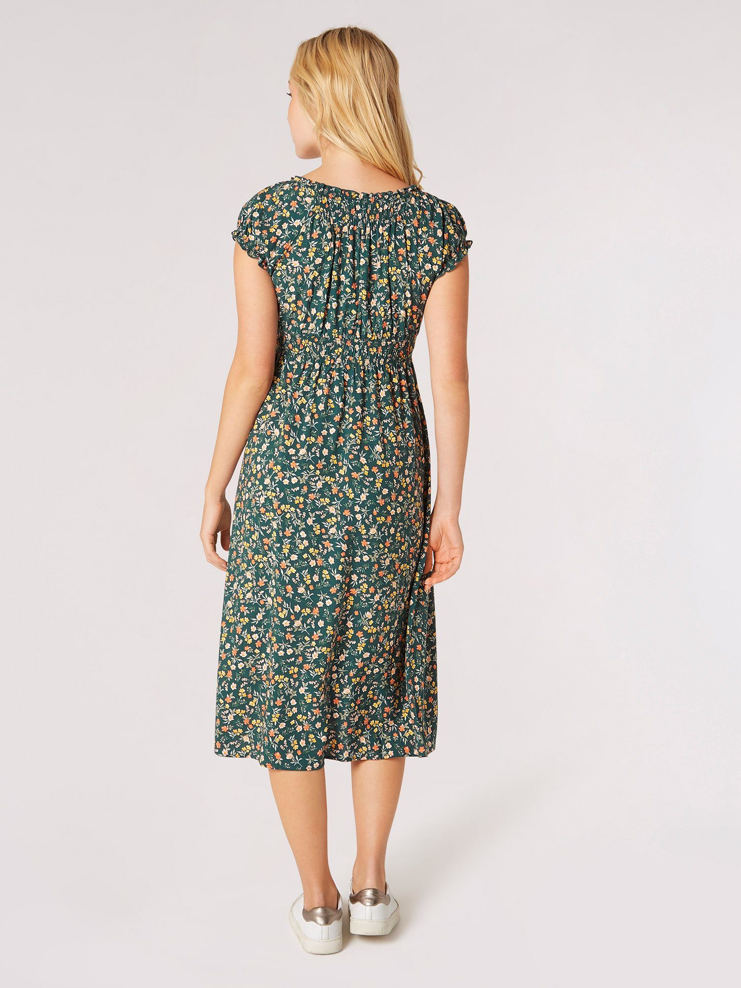 Apricot Midikleid Florales Midikleid mit gesmokter Taille