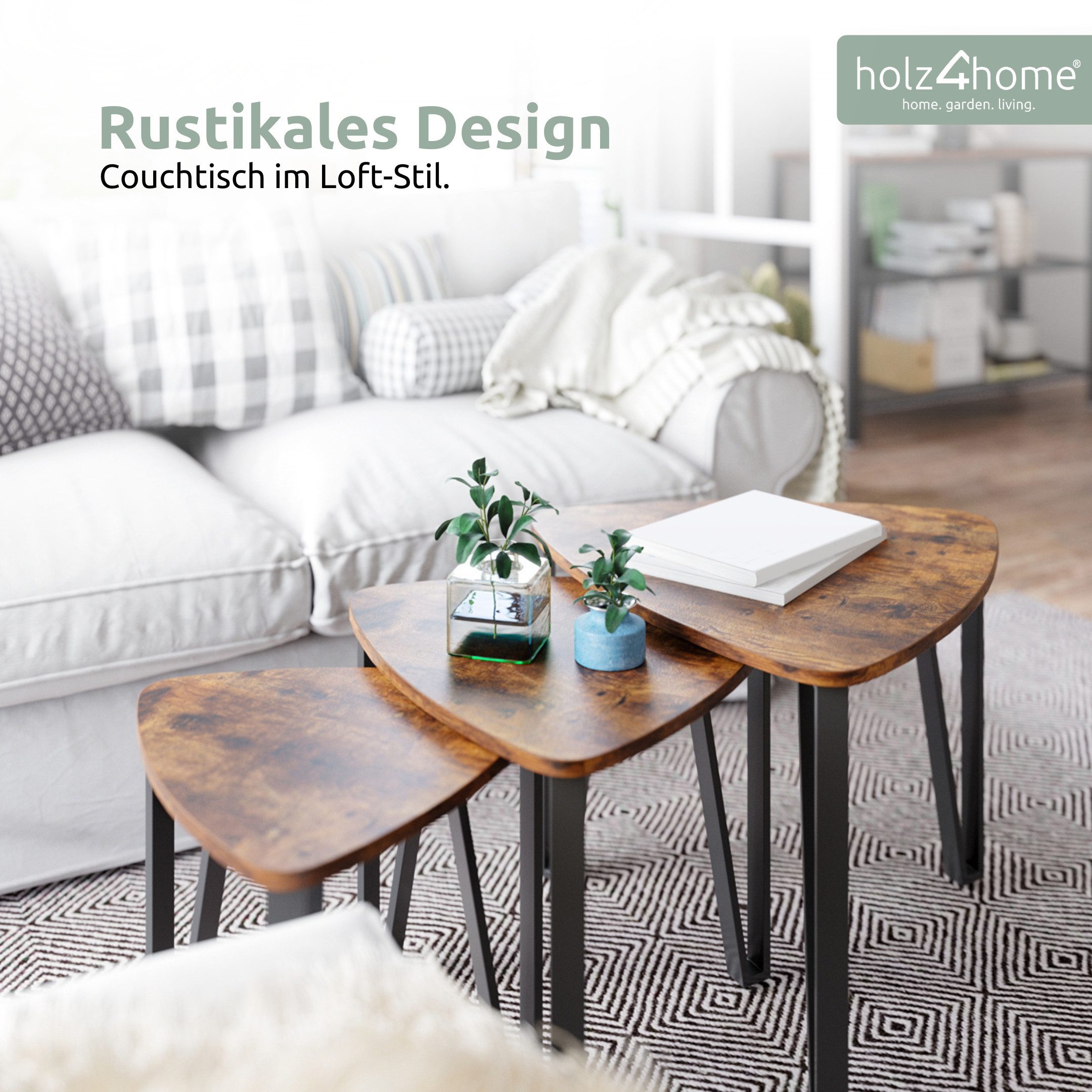 holz4home® Couchtisch Radon 3er Set Beistelltische Wohnzimmertisch I Industrial-Look (Kombinierbar), Einfache Montage