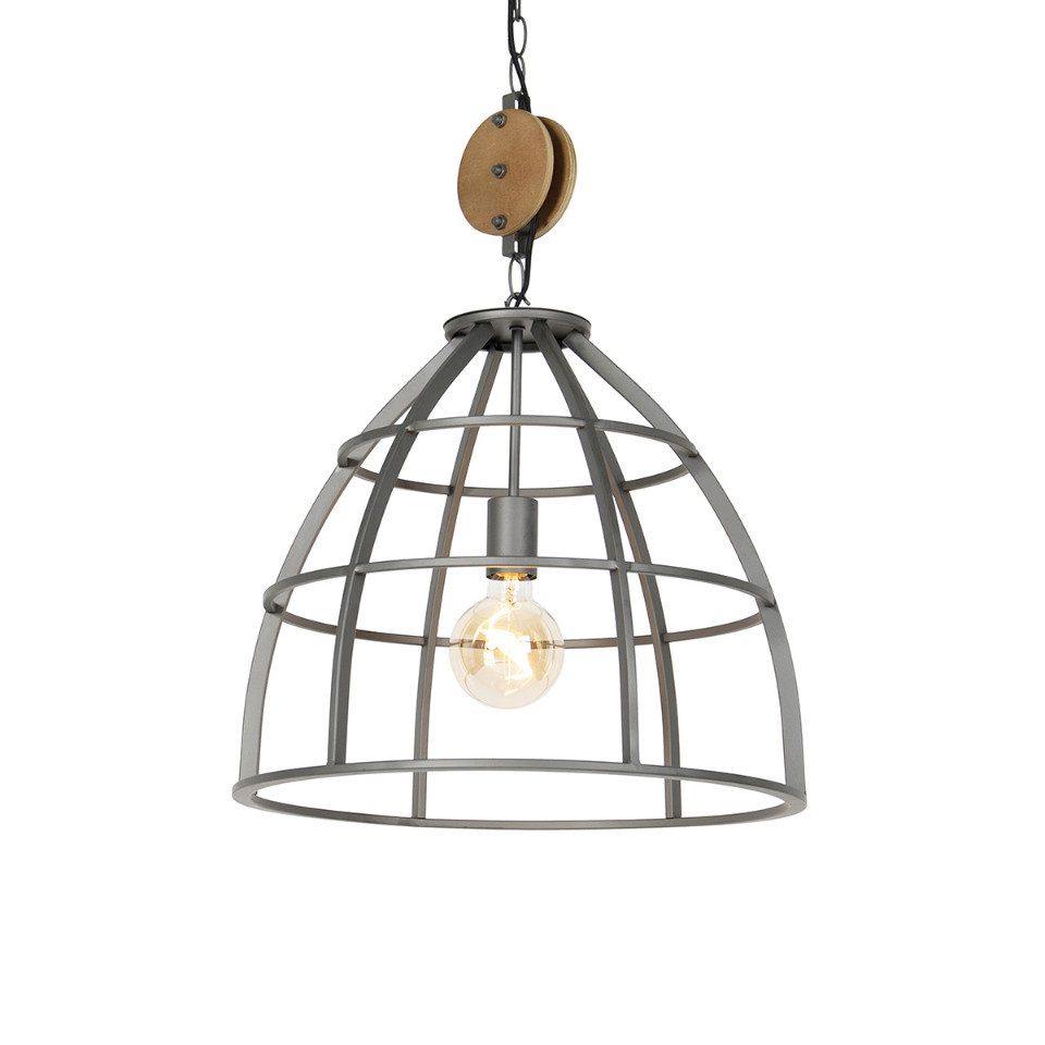 Qazqa Pendelleuchte Arthur, ohne Leuchtmittel, E27, Dunkelgrau, Industrie, Holz, 1-flammig