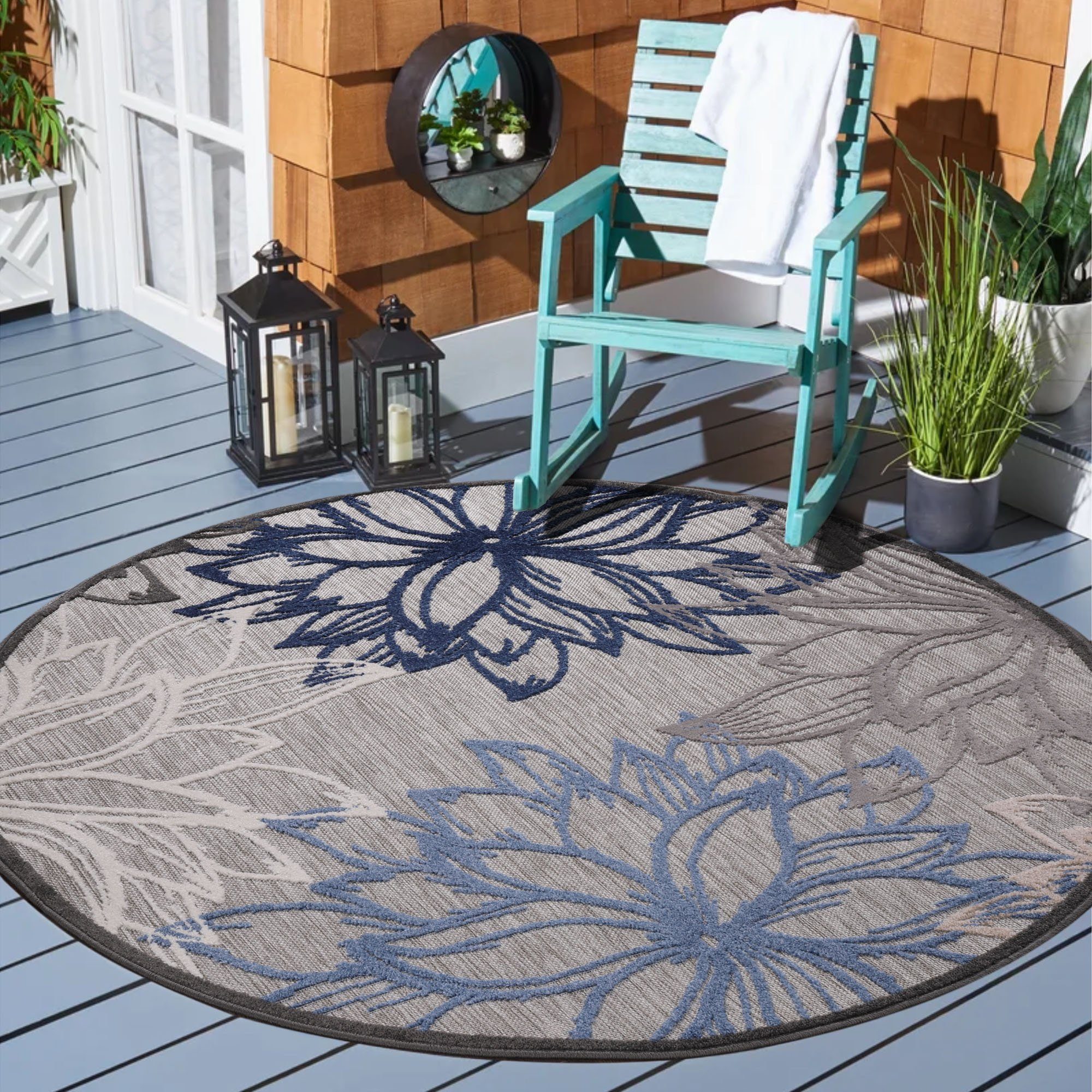 geeignet, Balkon, florales In- Höhe: 6 Outdoor graublau Teppich Floral Design, Terasse mm, rund, Sanat, und 2,