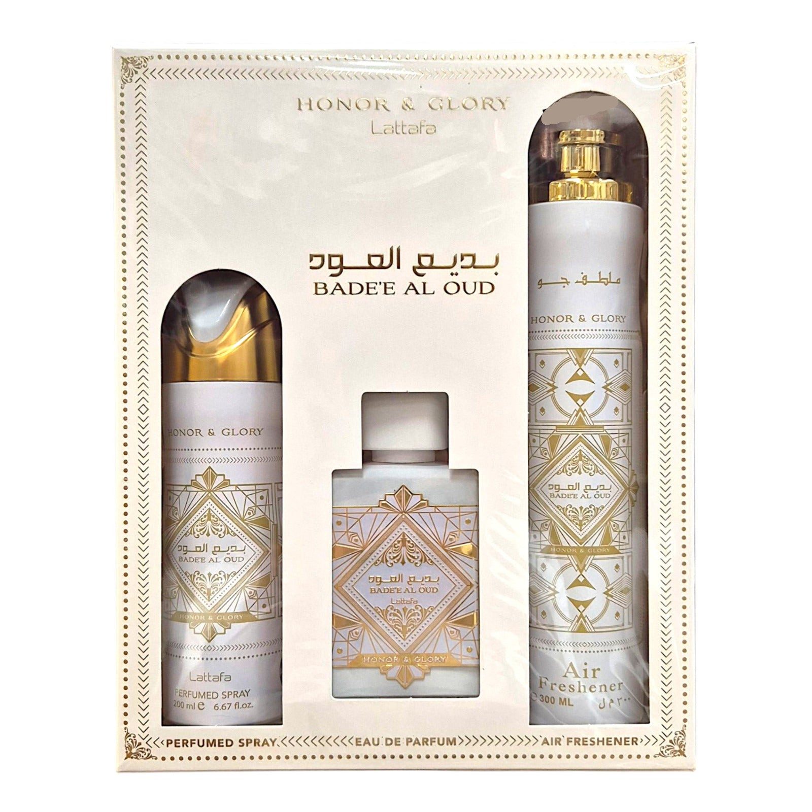 Lattafa Duft-Set Badee Al Oud Honor & Glory EDP SET + Parfümzerstäuber (leer) Set