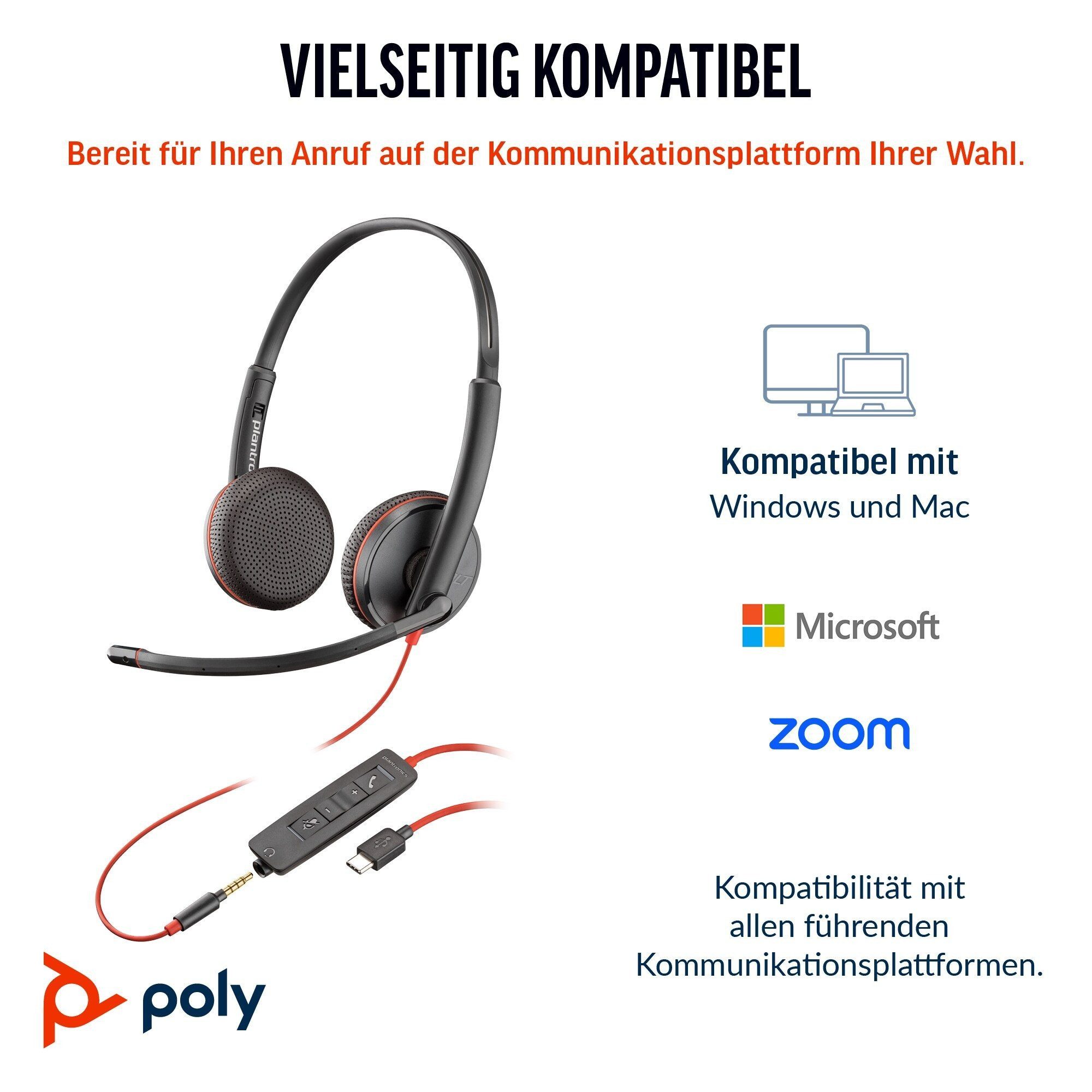 Polycom Poly Blackwire 3225 Stereo USB-C Headset mit 3,5mm & Adapter PC-Headset