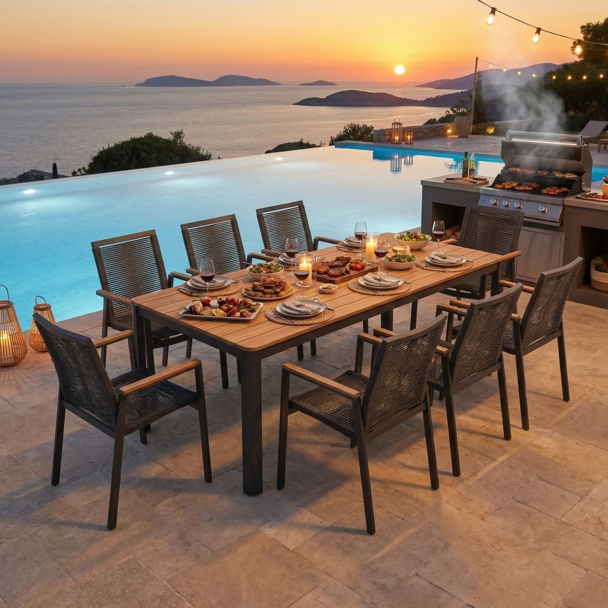 Ambiente Haus Garten-Essgruppe Garten 8er Set 220x95cm grau, (Set, 9-tlg)