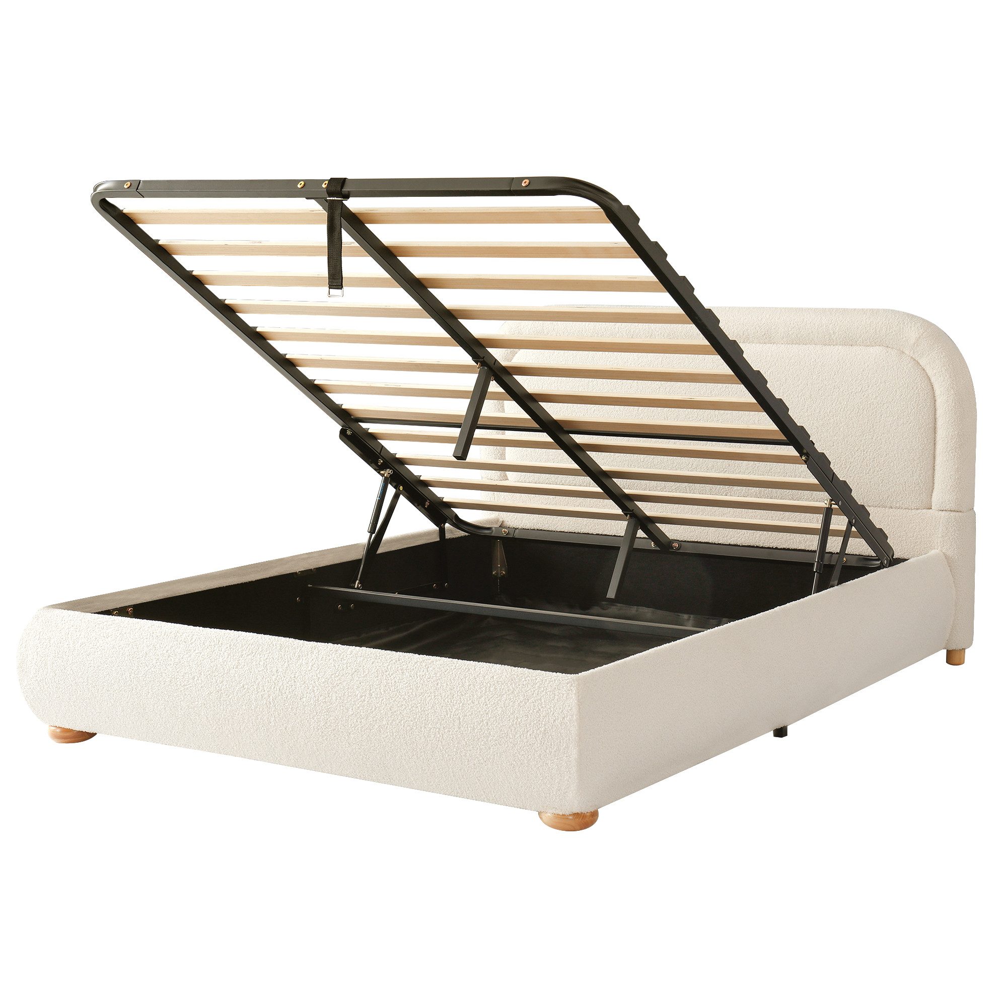 i@home Polsterbett Doppelbett mit Hydraulik-Bettkasten und Lattenrost (gepolstertes Kopfteil aus Bouclé in Beige, 1-tlg., 140x200/160x200 cm), Stauraumbett für  – Bild 2 von 5