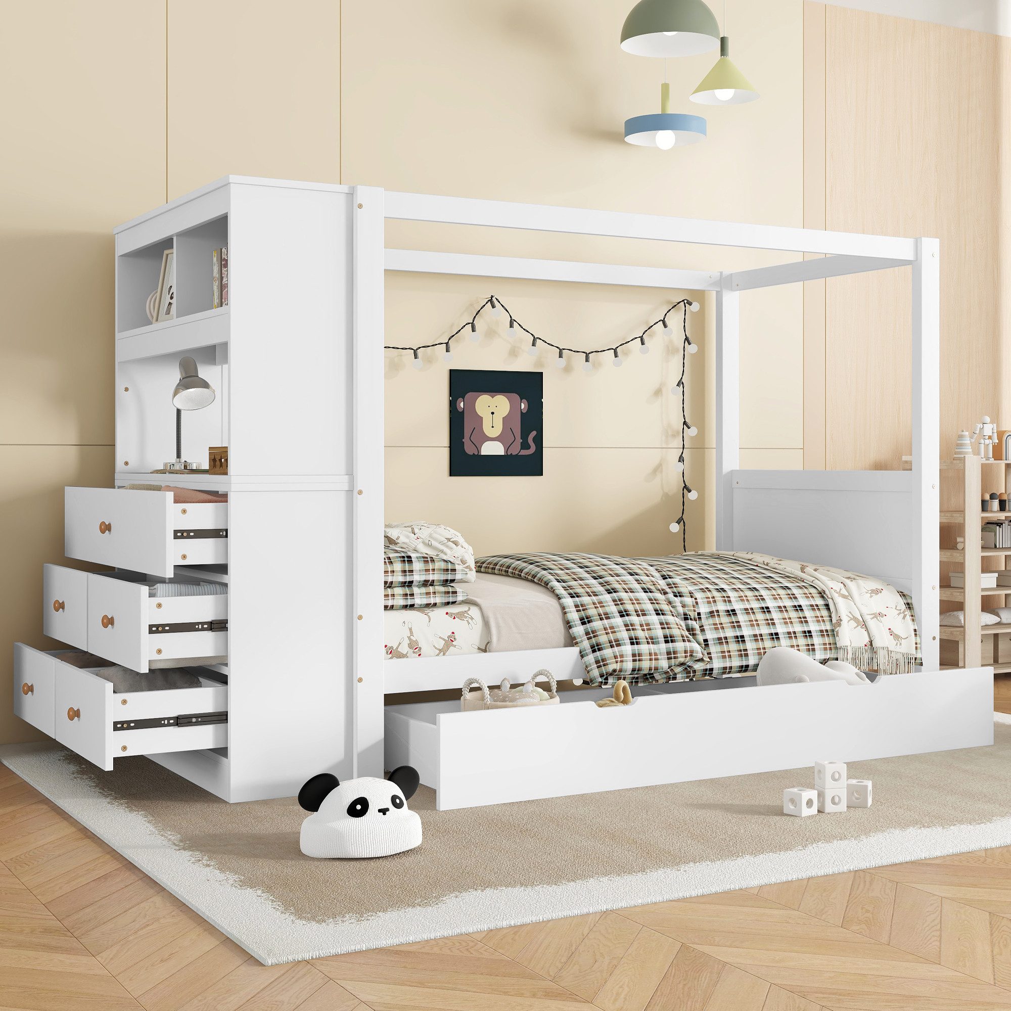 Flieks Kinderbett, Holzbett Himmelbett Einzelbett 90x200cm mit Schubladen Seitenschrank