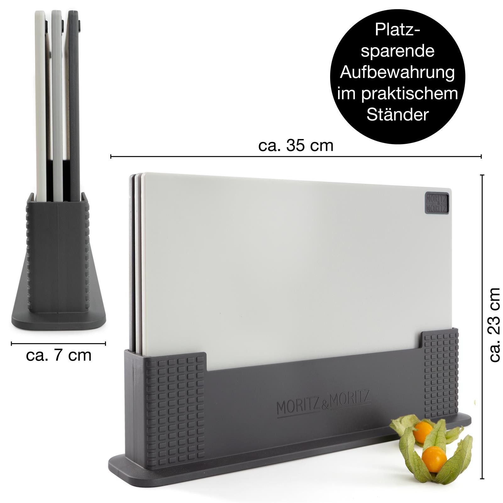 Moritz & Moritz Schneidebrett 3tlg Kunststoffbrett im Ständer, Kunststoff, (3er Set), Spülmaschinengeeignet und hygienisch