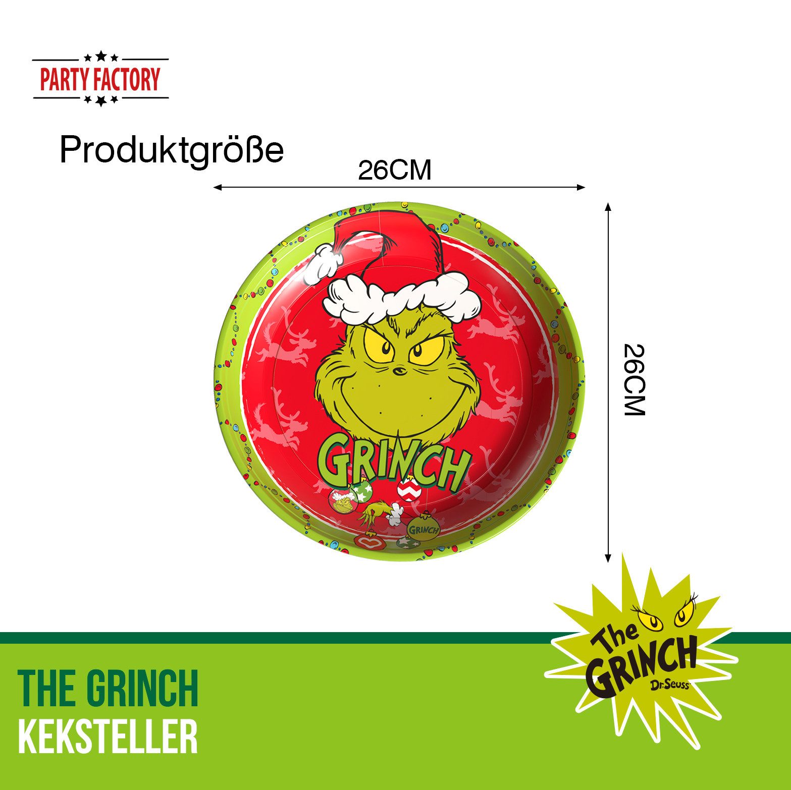 Party Factory Dekoteller The Grinch Keksteller rot 26 cm – Weihnachtsteller für Plätzchen (1 St), original Grich Bildmotiv
