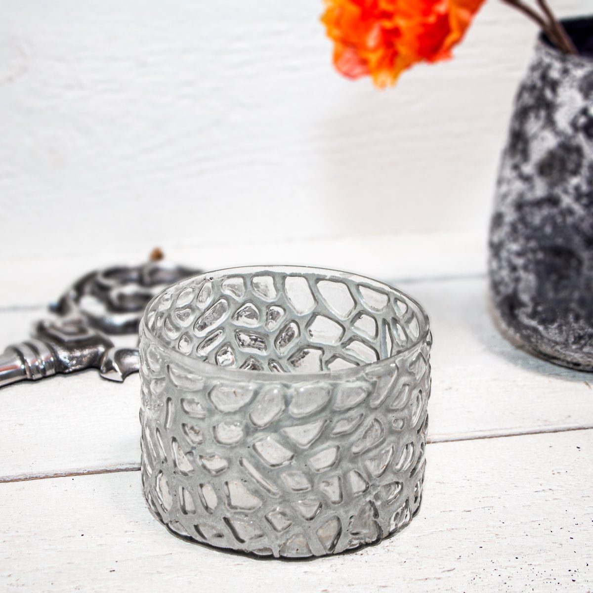 Antikas Kerzenhalter Teelichthalter, Struktur, Chabby Chic, Glas, weiß, H 9,0 x B 12,0 cm