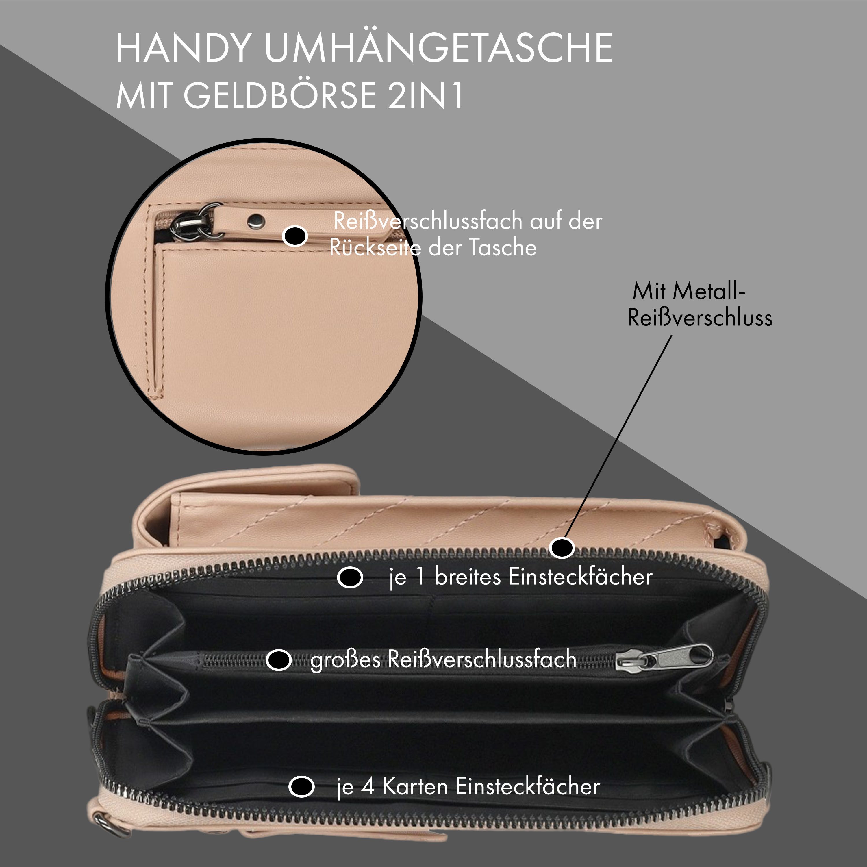 Enrico Benetti Handytasche Kleine Umhängetasche Damen - mit Geldbörse (2in1 Crossbody Tasche, 1-tlg., zum umhängen), kompatibel mit Apple iPhone 13, 14, 15, 16, – Bild 4 von 5