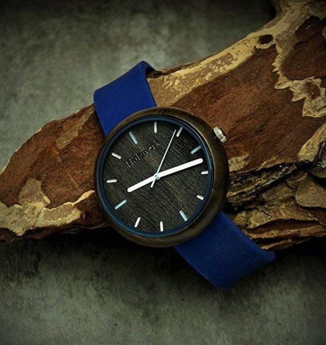mit Holz schwarz Silikon blau Quarzuhr LAUBACH Damen Uhr Holzwerk & in Armband