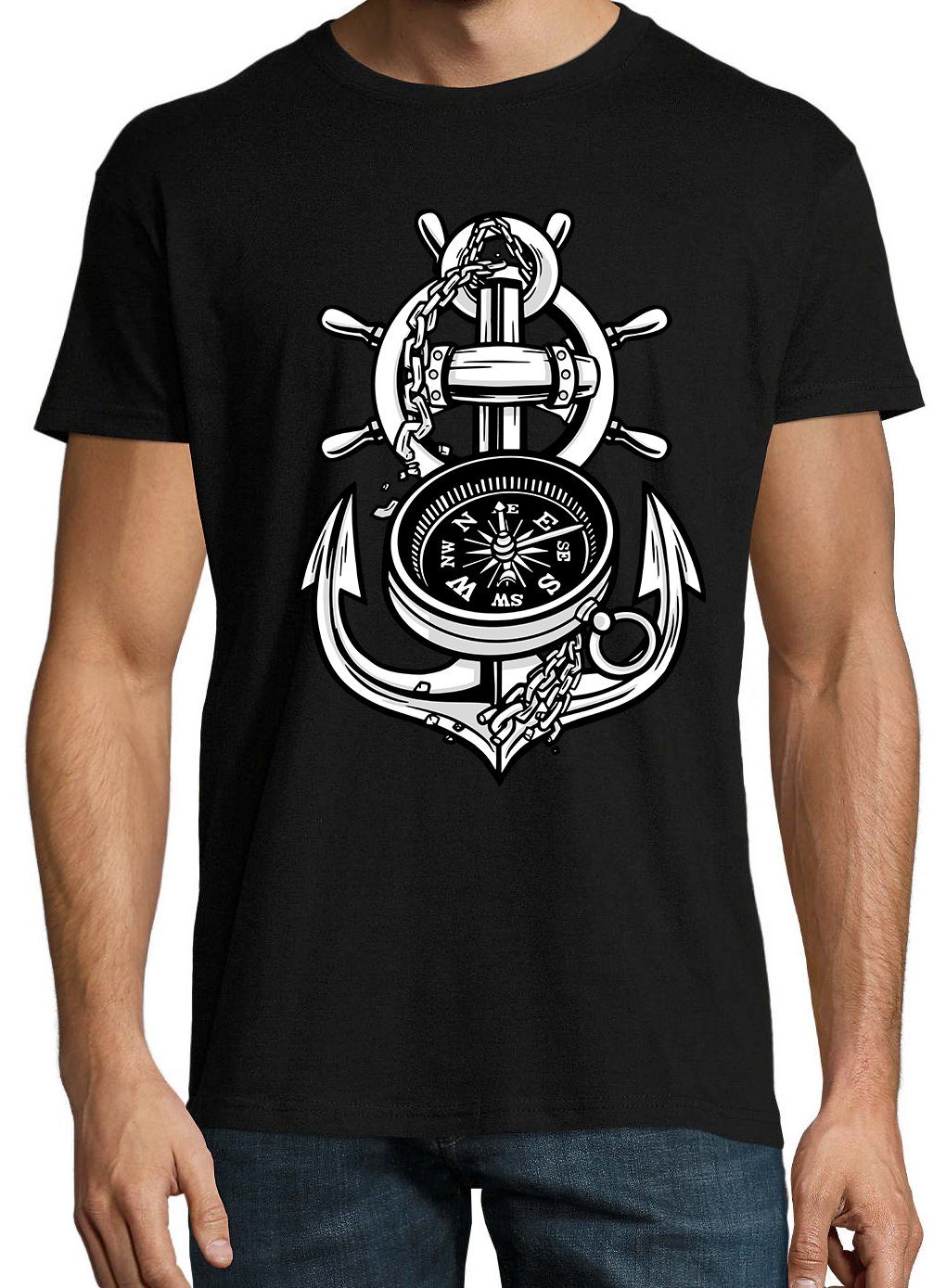 trendigem Kompass Schwarz Anker Shirt Youth Designz Herren T-Shirt mit Frontprint