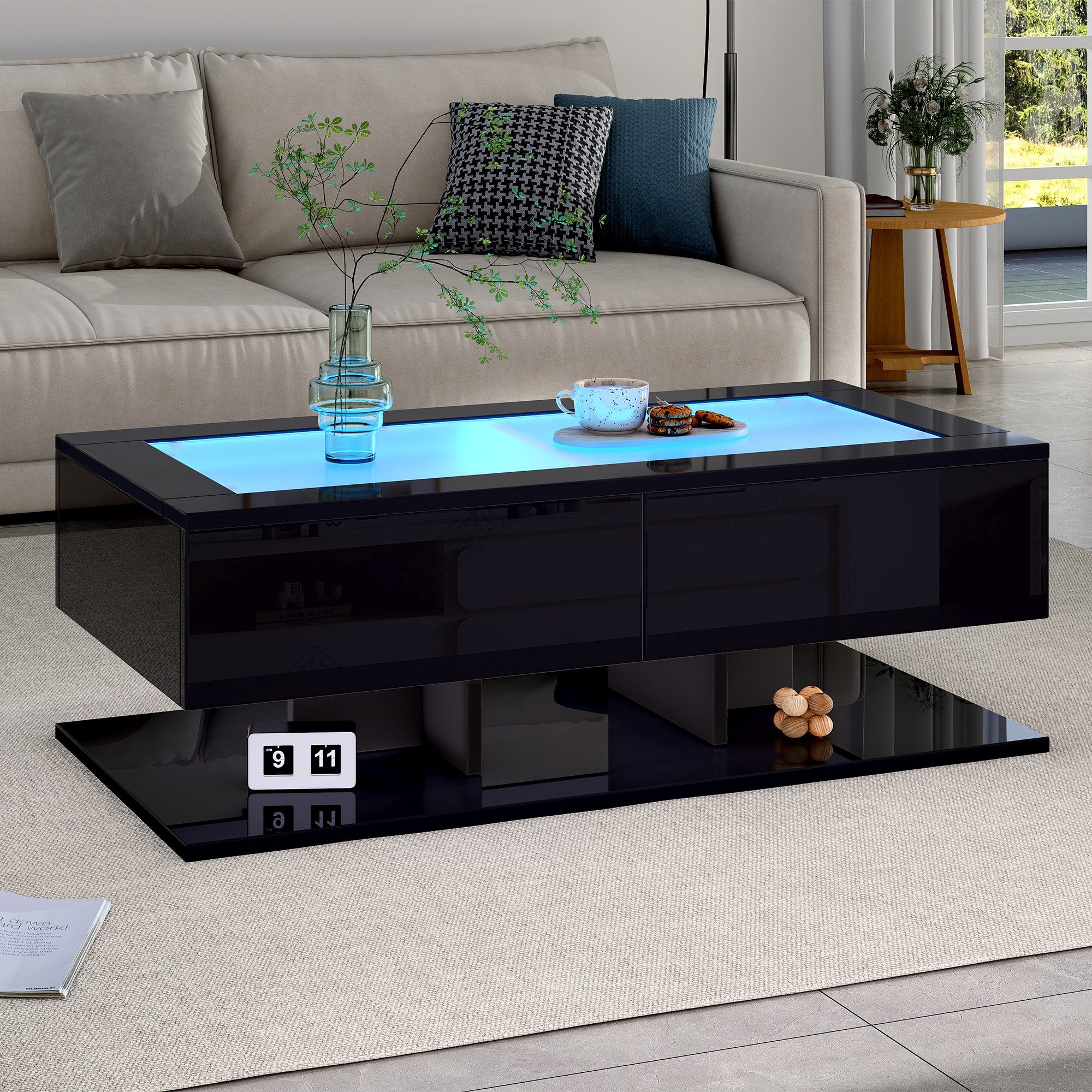 MODFU Couchtisch mit LED-Lichtern (Wohnzimmertisch, Satztisch, 1-St., 2 Schubladen, 100*50*35cm), mit LED-Licht