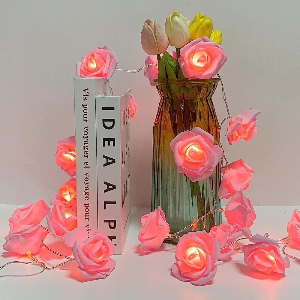 MUPOO LED-Lichterkette LED Nachtlicht 3M 20LEDs Girlande,Kunstblume Rose Warmweiß,Batterie, für Party Garten Weihnachten,Blumengirlande Rose,LED Dekolicht Rosa