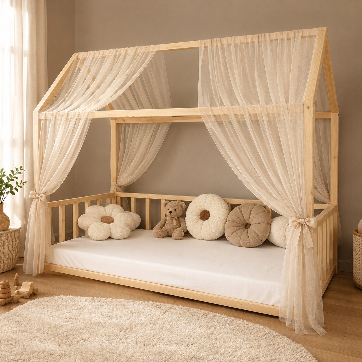 Baby Fancyroom Betthimmel Hausbett Himmel Premium Tüll, Baldachin für Kinderbett Mädchenzimmer, 2-teilig, mit 4 Schleifen, Premium Tüll