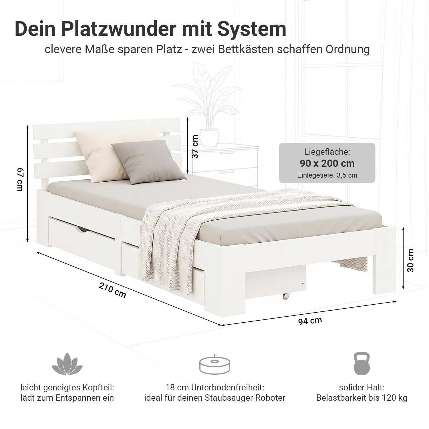 Homestyle4u Holzbett 90x200 140x200 160x200 180x200 Bettkasten Lattenrost Natur Weiß Grau (Set, mit Lattenrost und 2 Bettkästen, Stauraumbett), 90x200, Kiefer, mit Stauraum, Weiß, schlicht