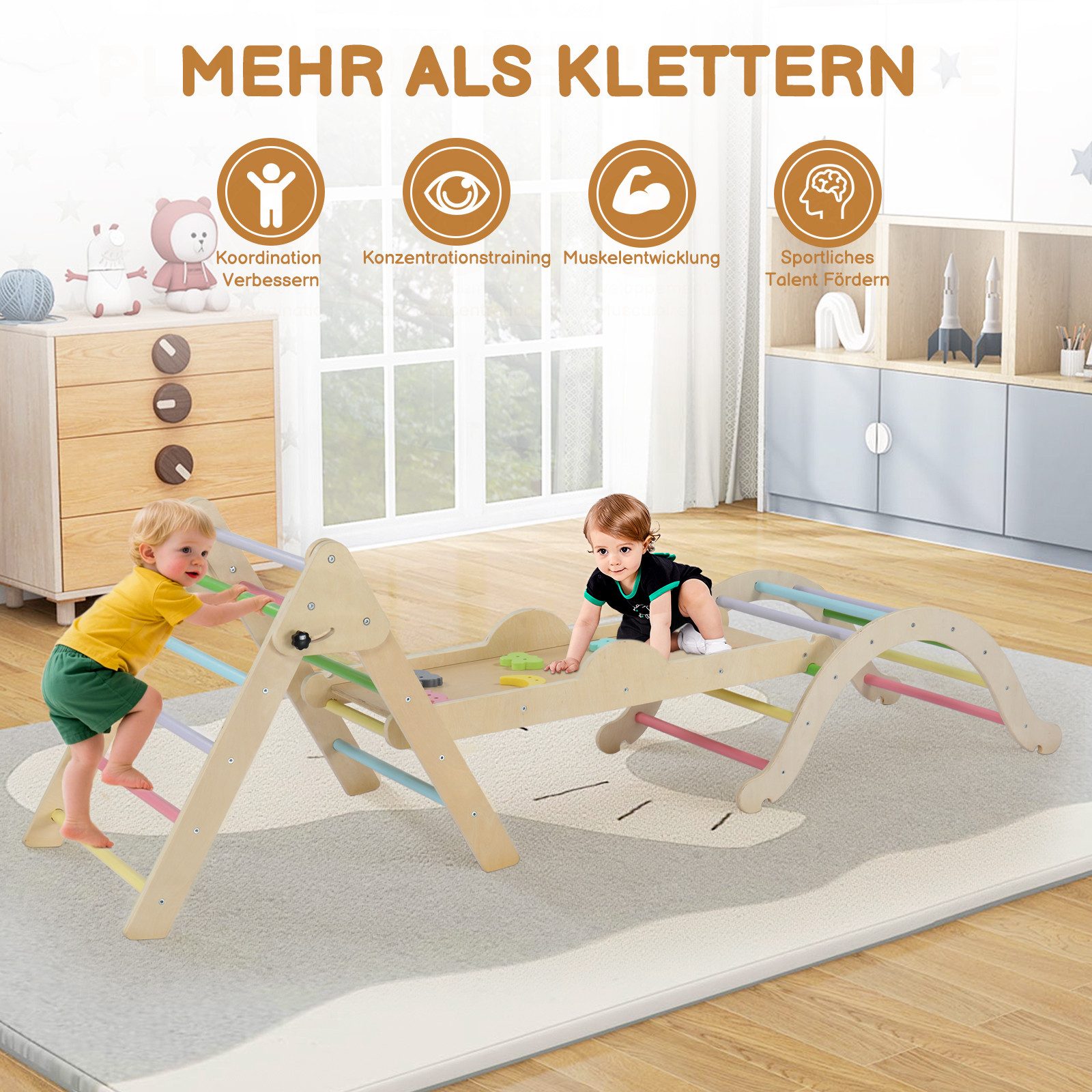 LALAHO Klettergerüst 5-in-1 Kletterdreieck & Kletterbogen & Leiter & Rutsche, Klettergerüst mit Kissen, Spielplatz für Kleinkinder 1-3 Jahre