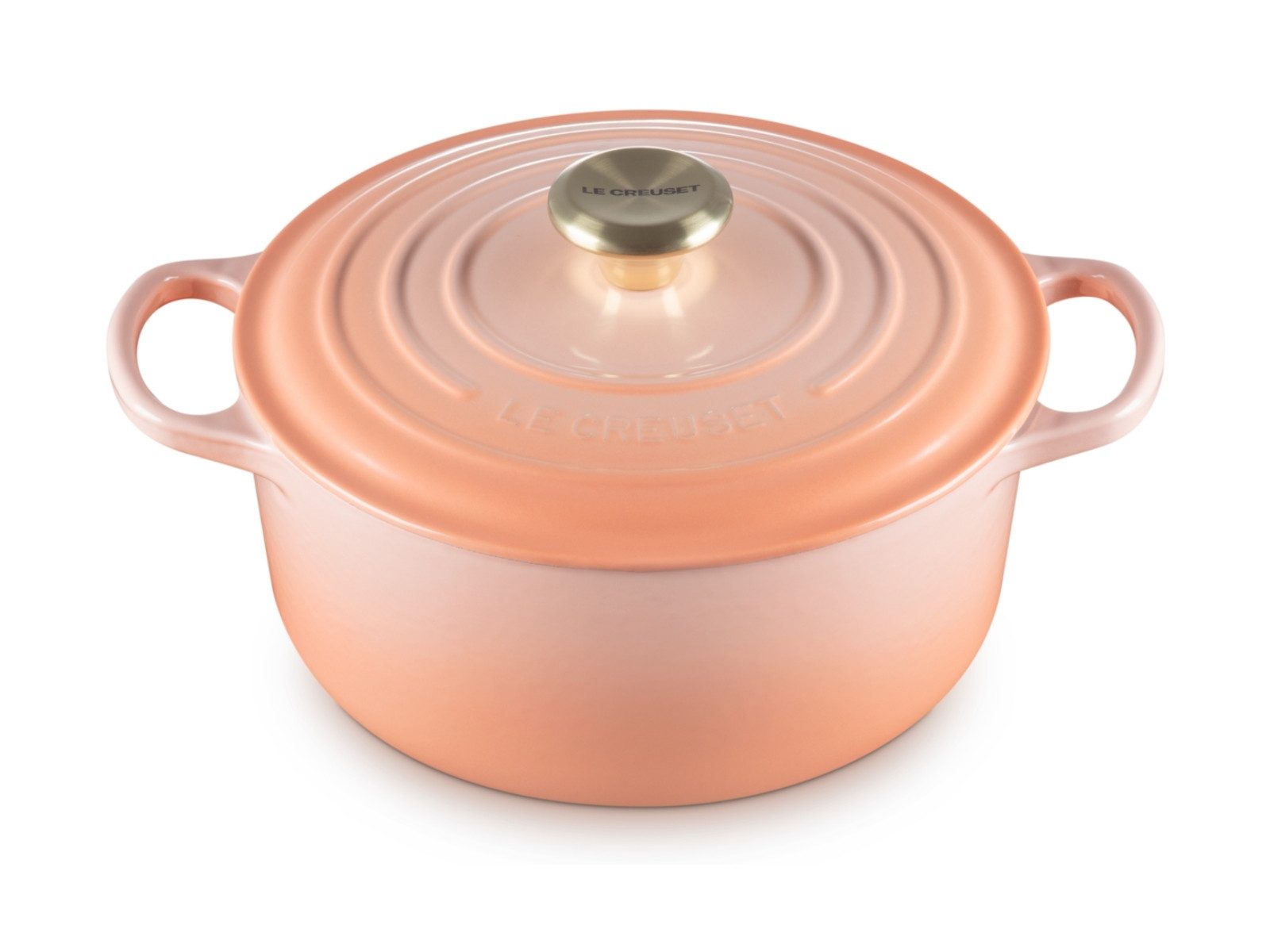 LE CREUSET Bräter Bräter Signature rund mit Goldknopf pêche 24cm, Emailliertes Gusseisen