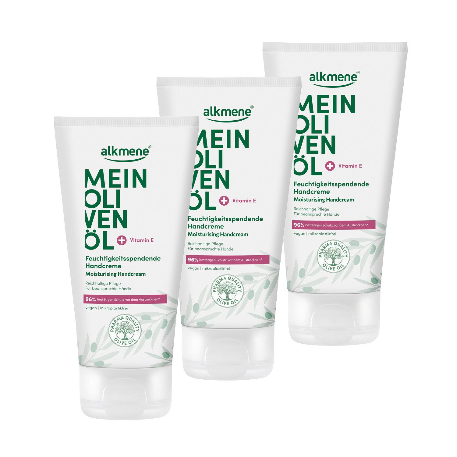 alkmene Handcreme Handcreme für trockene Haut 225 ml, Feuchtigkeit spendend, Olivenöl, 3-tlg.