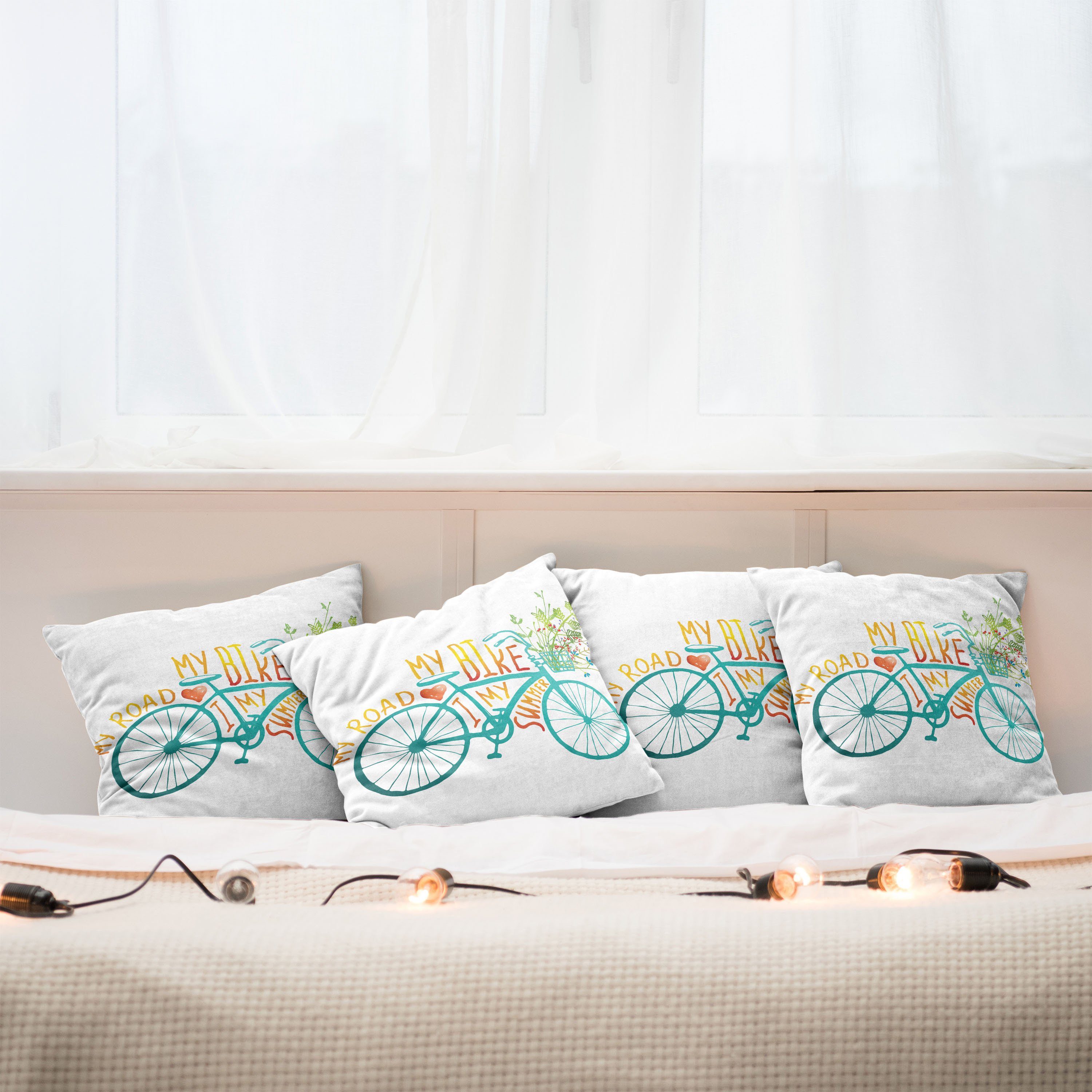 mit Fahrrad Blumen Blaues Accent (4 Digitaldruck, Stück), Abakuhaus Doppelseitiger Sommer Modern Kissenbezüge