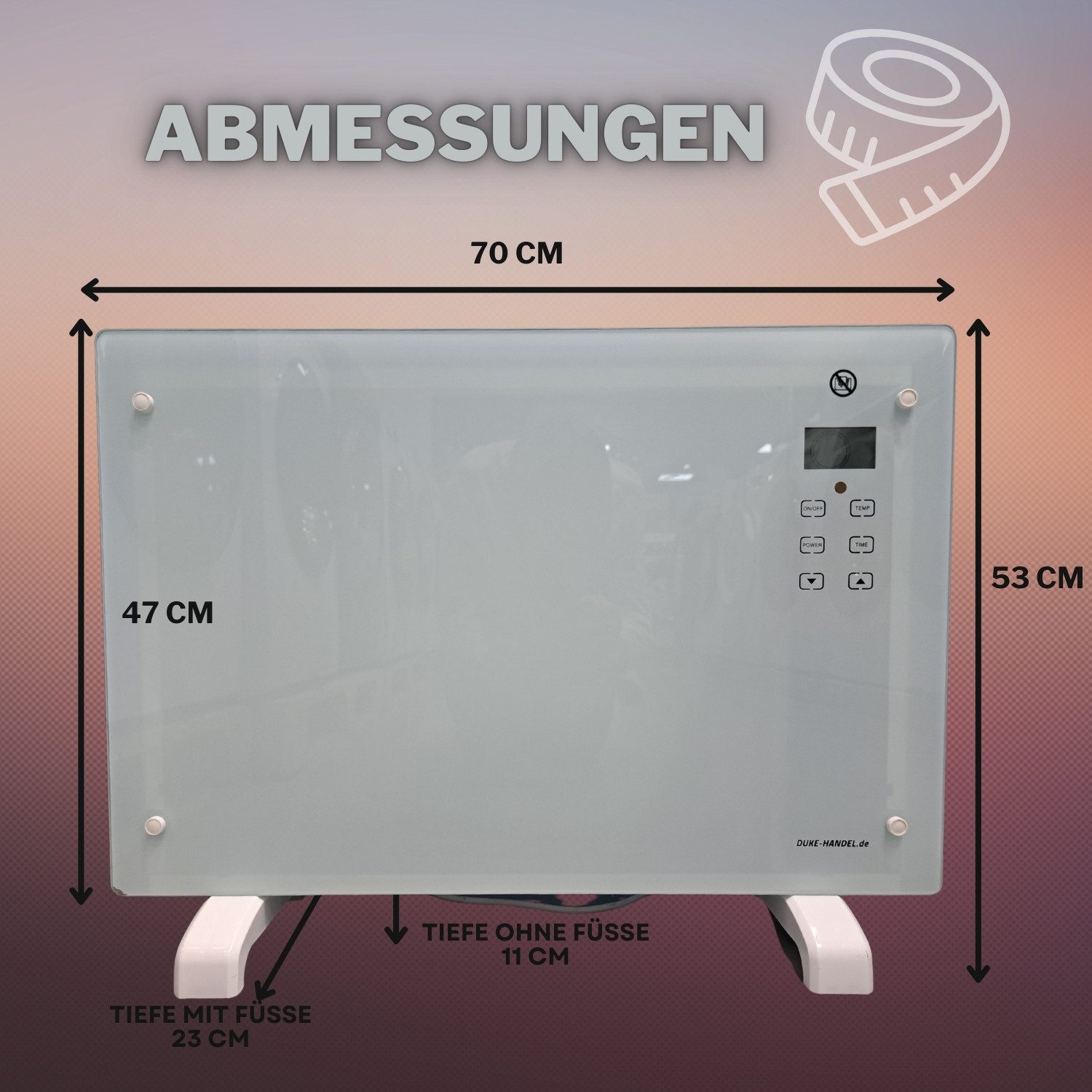 PROMAFIT Konvektor Elektroheizung Glas-Konvektor Mit LCD Display, 1500 W, Schnelle und effiziente Aufwärmung des Raumes, 2 Wärmeeinstellungen – Bild 4 von 5