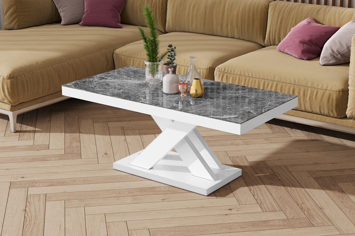 designimpex Couchtisch Design XLU-888 Marmor dunkel - Weiß Hochglanz Tisch Wohnzimmertisch