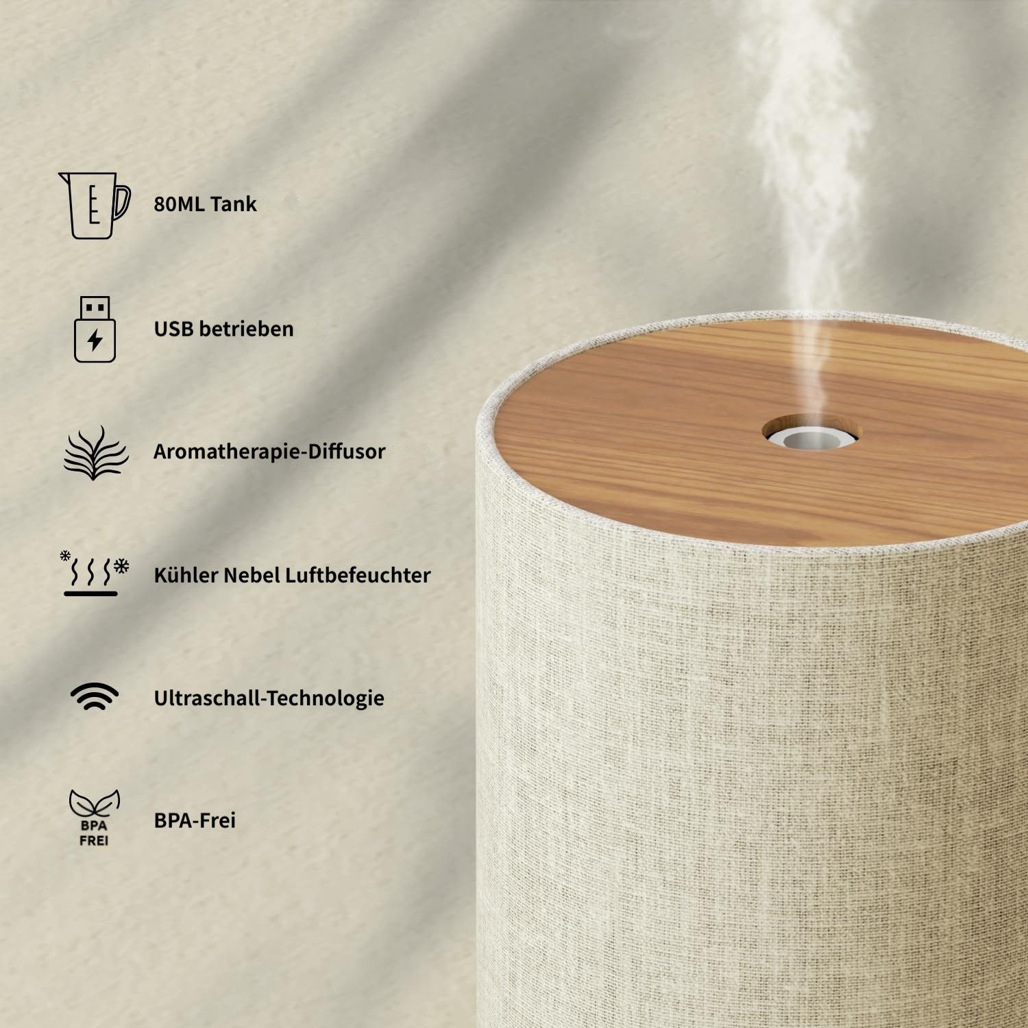 Tekoo Luftbefeuchter 3-in-1 Aroma Diffuser in Stoff-Optik, Luftbefeuchter mit Nachtlicht, 80 l Wassertank