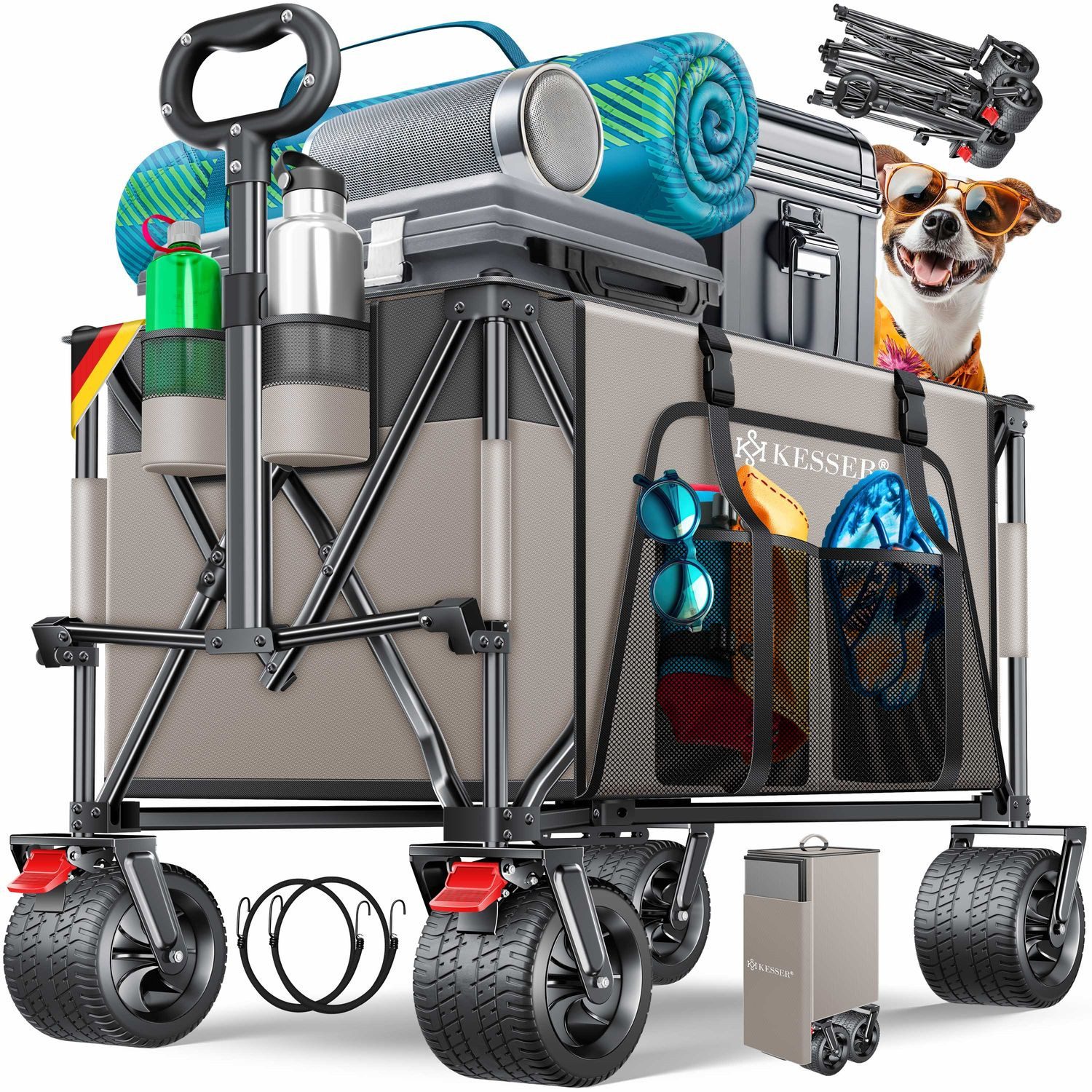 KESSER Bollerwagen GTR9000 Handwagen Outdoor Transportwagen 200L Stauraum 360° Räder (Strandwagen faltbar inklusive Cover, Seitentasche & Getränkehalter), Gartenwagen UV- & Wetterbeständig mit Feststell-Bremsen & breite Räder