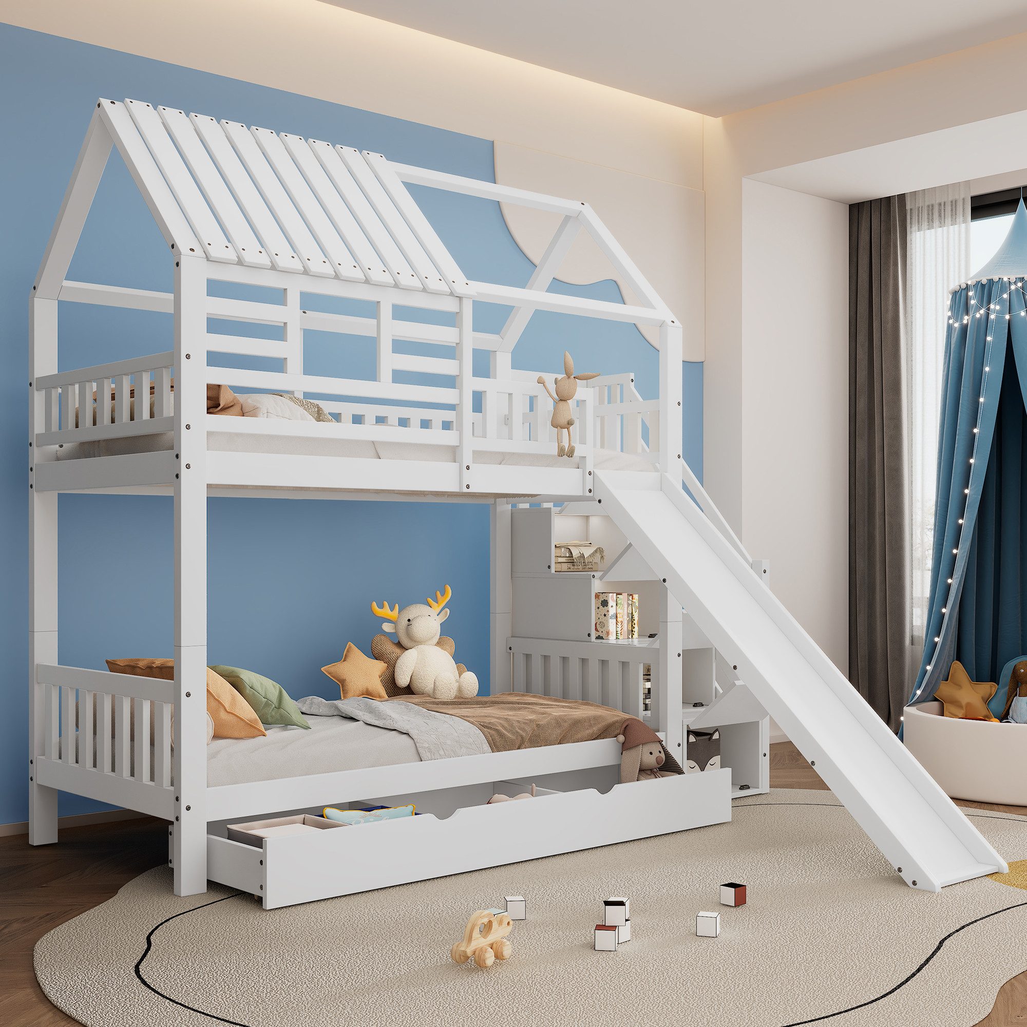 Etagenbett Kinderbett mit Fenster und Kinderrutsche, Treppe mit Stauraum