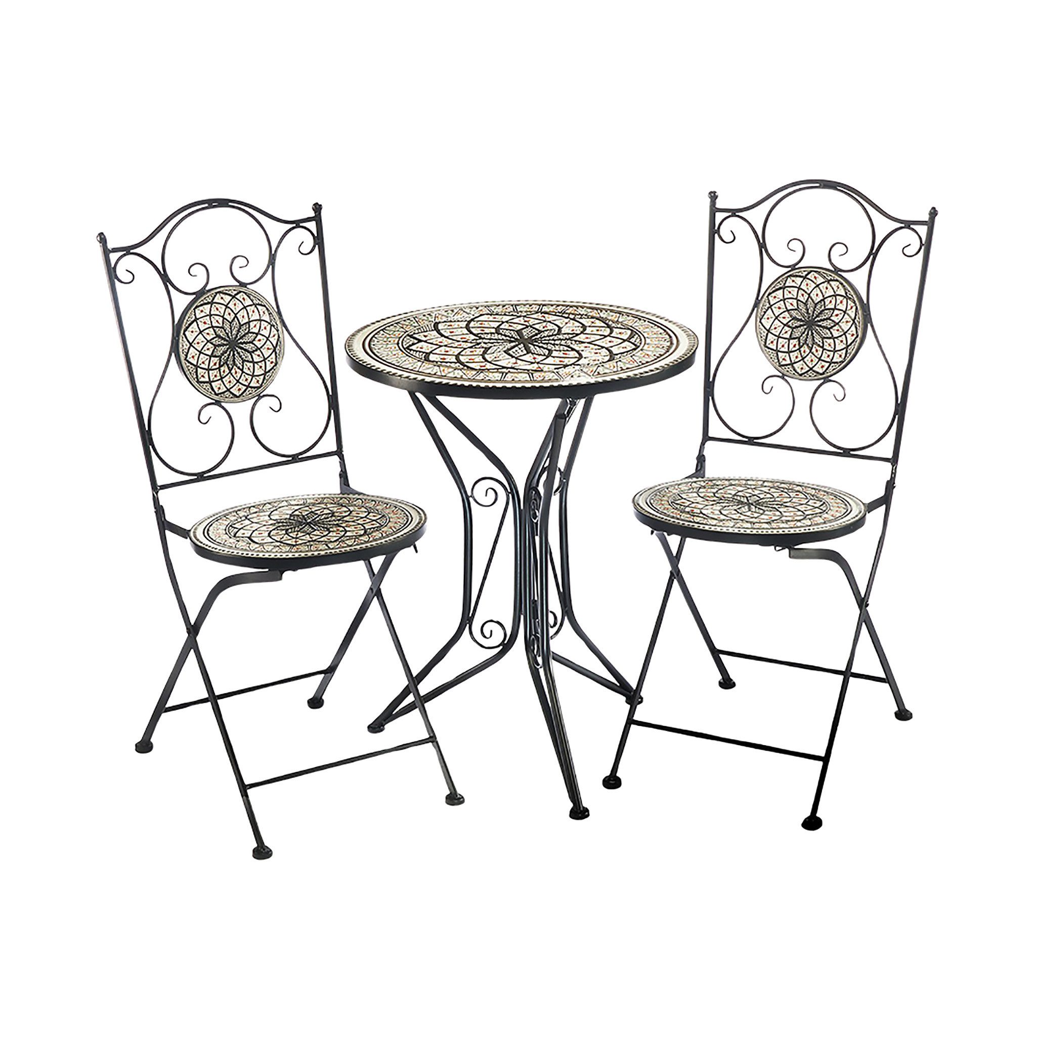 Kobolo Balkonset Sitzgruppe Gartenmöbel Tisch Stühle Metall Mosaik grau weiß, (3-tlg)
