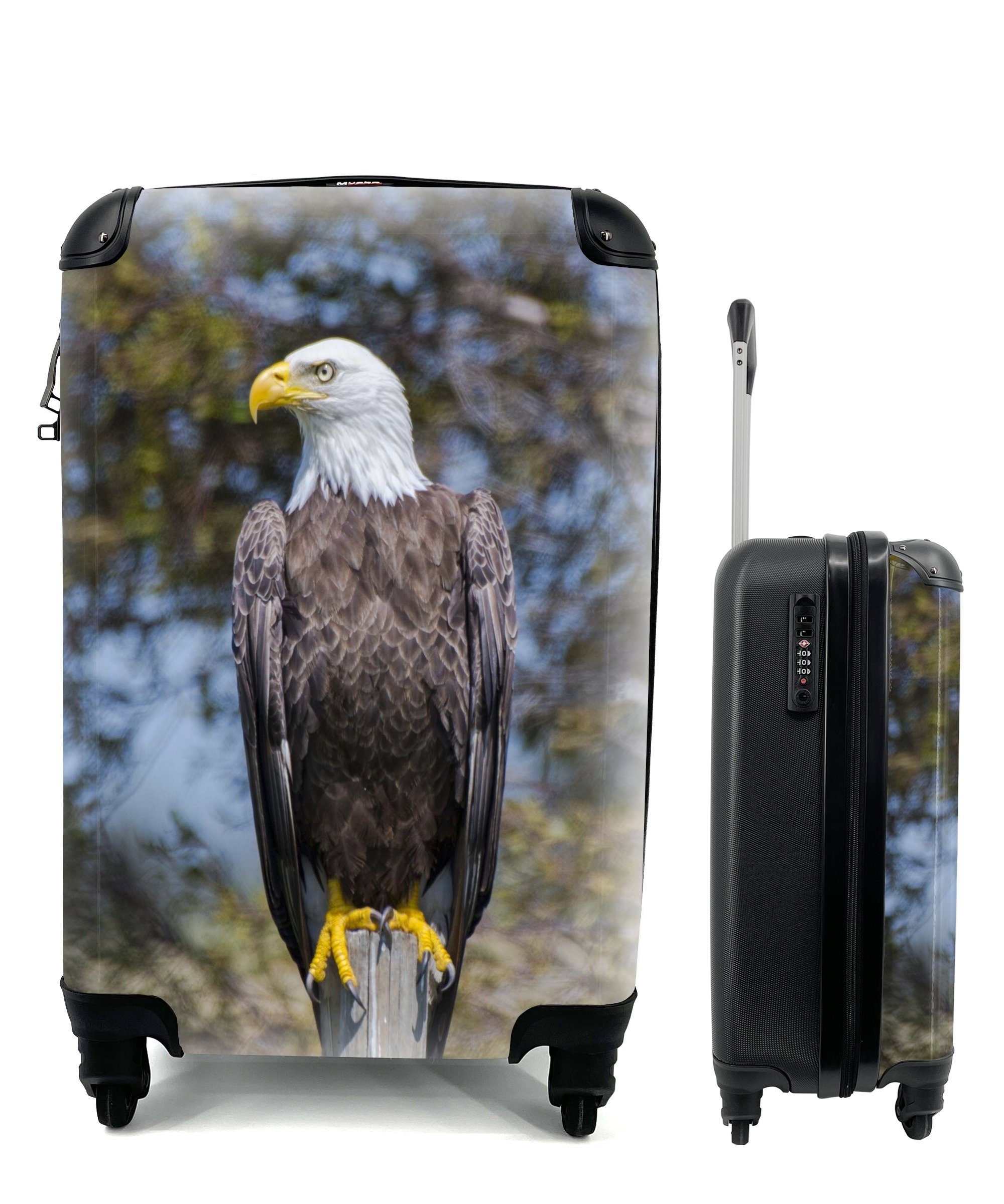 MuchoWow Handgepäckkoffer Ein Weißkopfseeadler auf einer Stange schaut zur Seite, 4 Rollen, Reisetasche mit rollen, Handgepäck für Ferien, Trolley, Reisekoffer