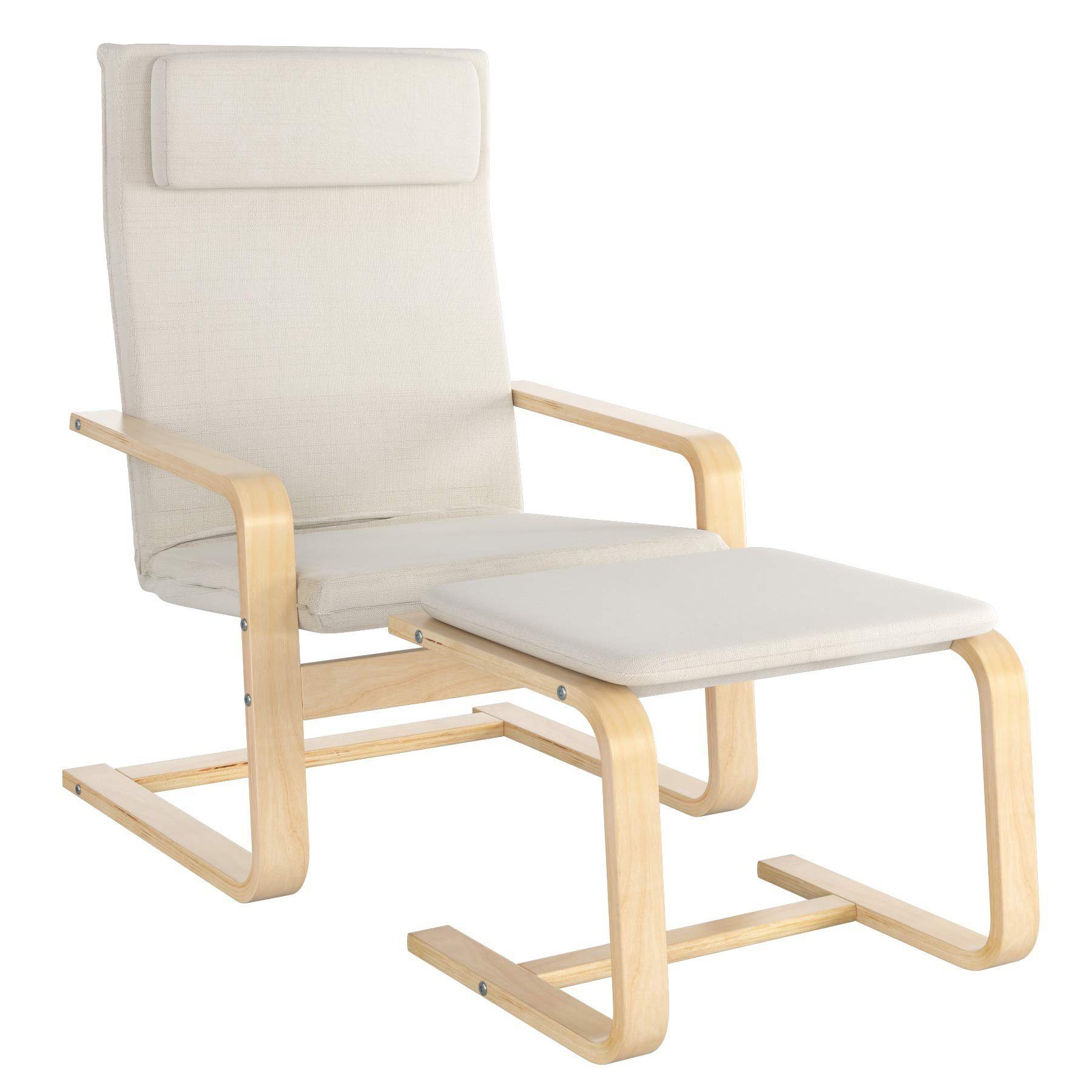Daskoo Relaxsessel Relaxstuhl mit Fußhocker und Armlehne,66.5x69x96.5 cm (Relaxsessel mit hocker), Sessel Armlehnensessel aus Birkenholz Weiß