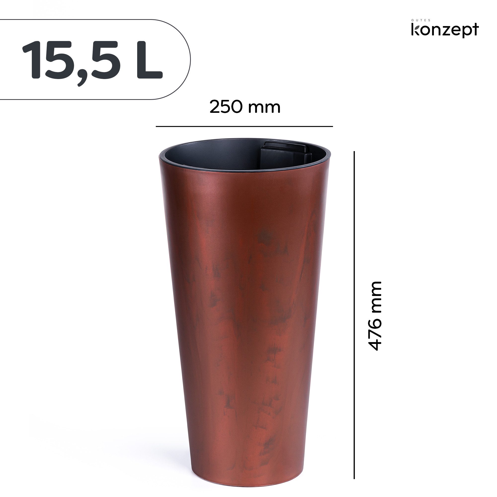 KONZEPT Blumentopf aus Kunststoff mit Einsatz, Ø 25 cm, Höhe 47,6 cm, in Corten-Optik, Corten-Optik, Matte Oberfläche, Volumen: 15,5 L