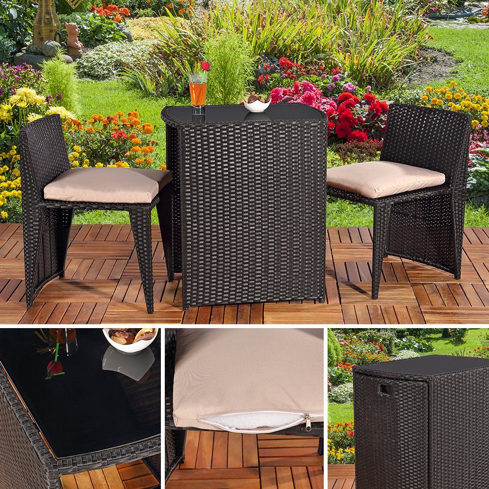 Feel2Home Garten-Essgruppe 3tlg. Polyrattan Balkonset Gartenset Sitzgruppe Gartenmöbel, (Set, Balkonset 3tlg), 2 Stühle 1 Tisch – Bild 2 von 5