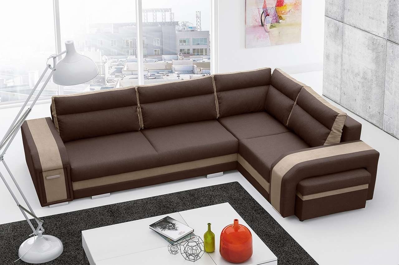 MKS MÖBEL Ecksofa NASSAN, mit Hocker und Minibar - L-Form Couch mit Schlaffunktion Braun-beige Inari