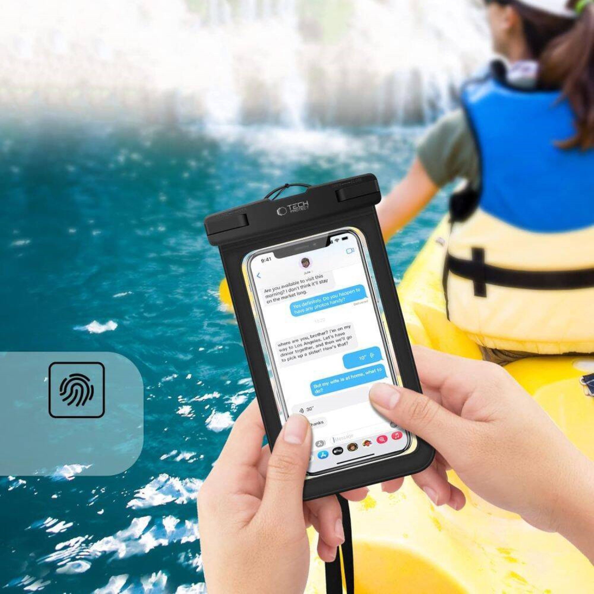 TECH PROTECT Handyhülle Universelle Wasserdichte Hülle in Orange-Schwarz mit Umhängeband – Bild 2 von 3