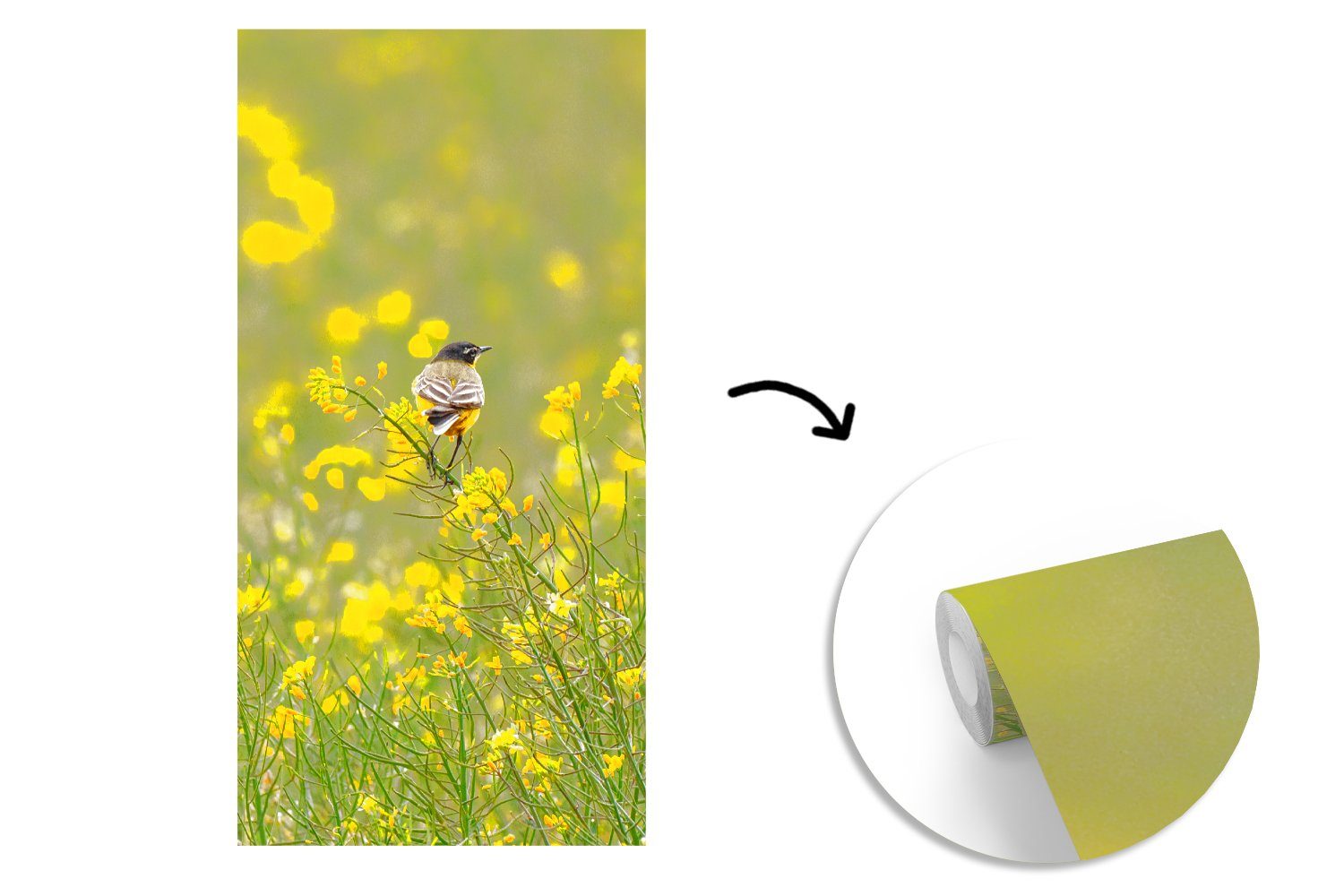 Gelb, Fototapete Fototapete - (2 Matt, Wohnzimmer für Blumen MuchoWow Vogel Schlafzimmer Küche, St), bedruckt, Vliestapete -