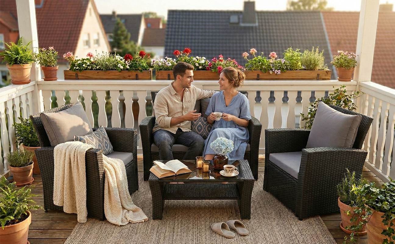 MeXo Gartenlounge-Set Gartenmöbel-Set Sitzgruppe, (Lounge-Set für 4 Personen, 4-tlg., 2-Sitzer Sofa, 2 Sesseln & Stauraum-Tisch), wetterfest, frei kombinierbar