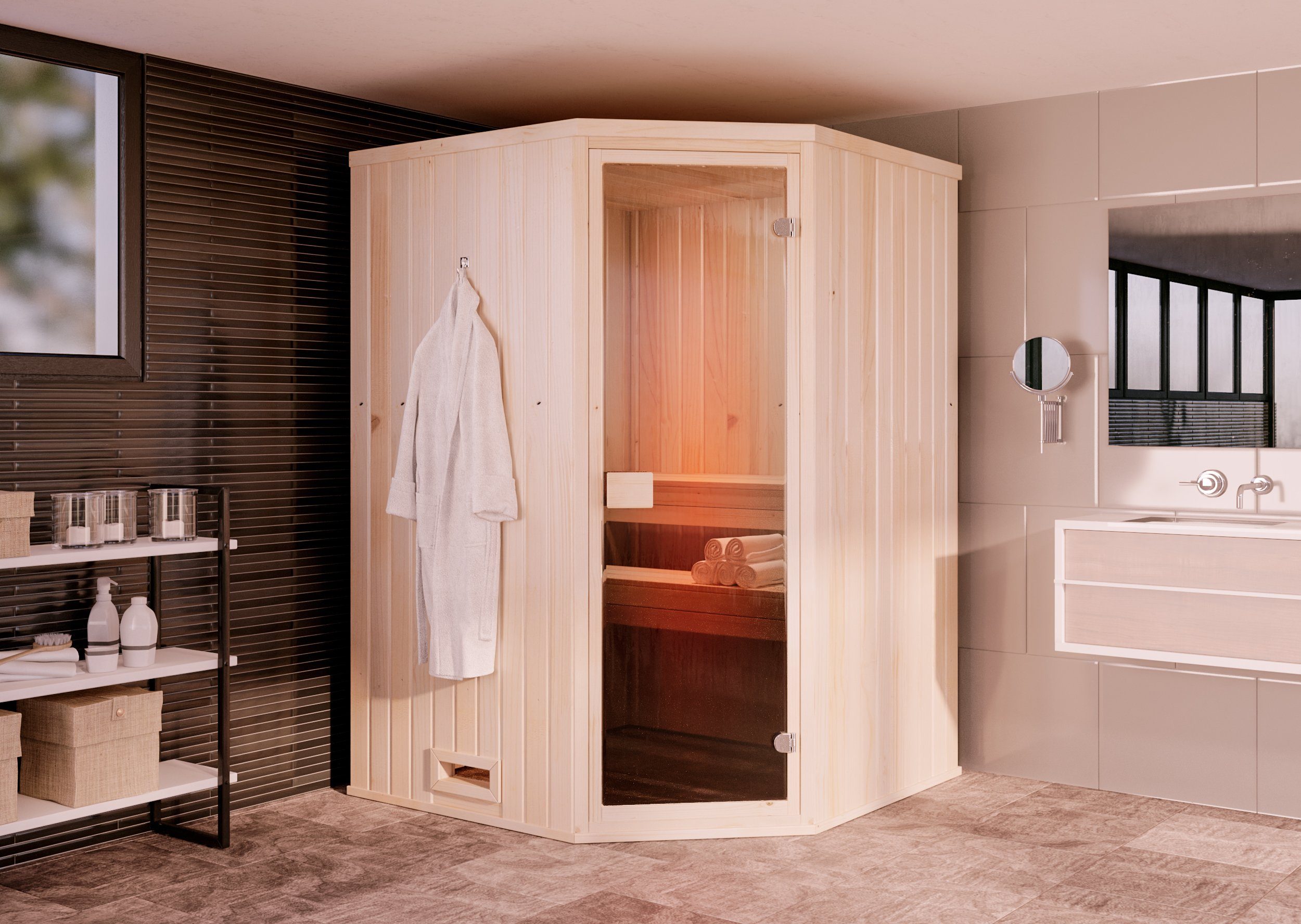 FinnTherm Sauna Innensauna Corner, BxTxH: 144 x 144 x 199 cm, 72 mm, in Naturbelassen