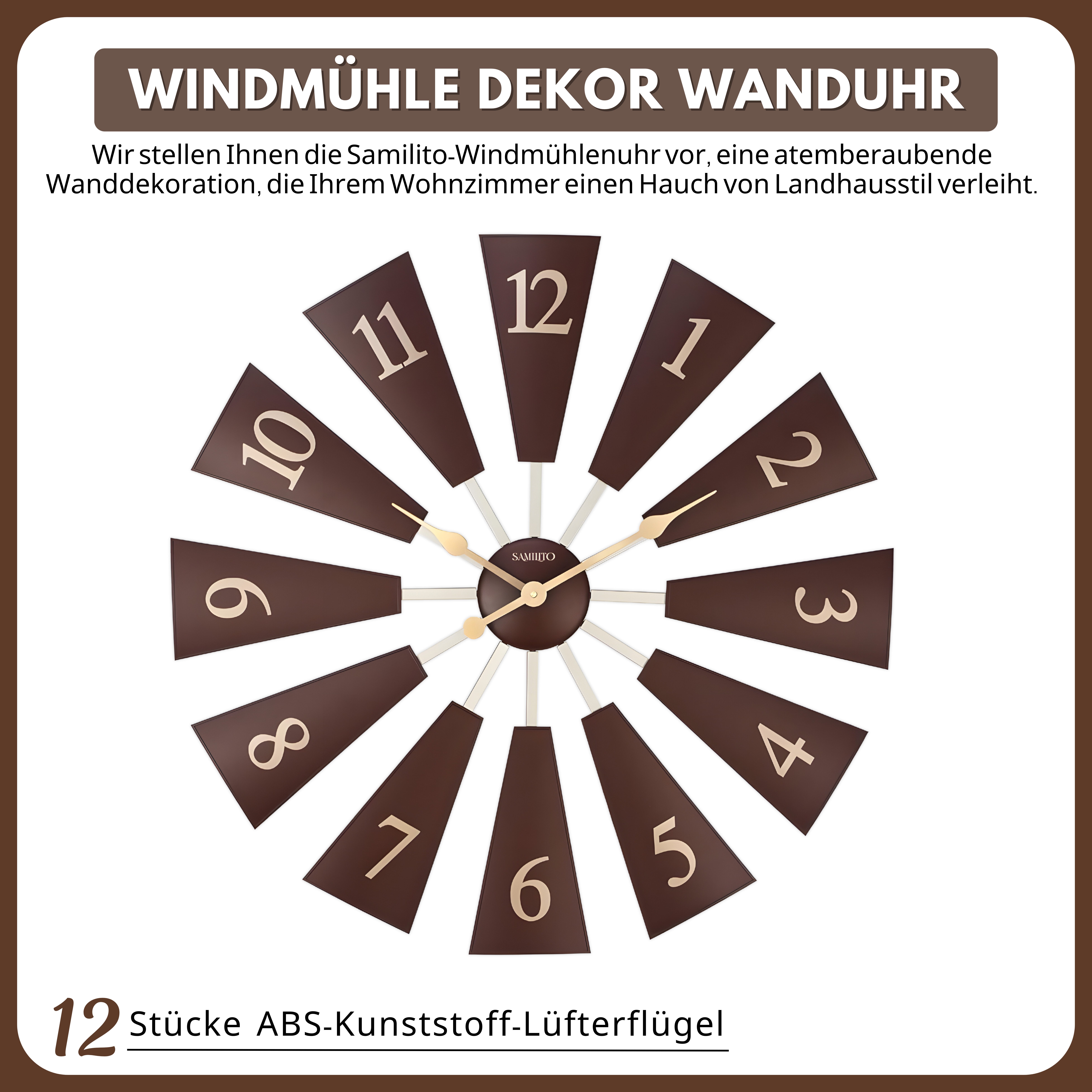 Samilito Wanduhr Große Moderne Bauernhaus-Windmühlen-Dekor-Wanduhr, verstel günstig online kaufen