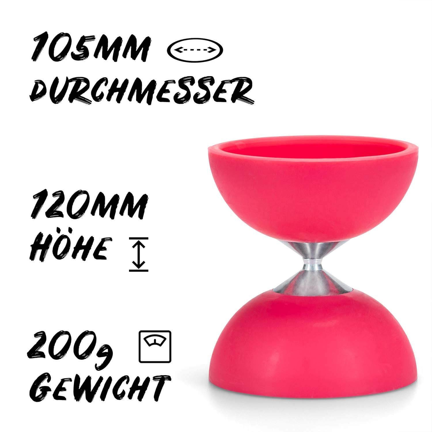 Diabolo Freizeitsport Diabolo Diabolo Jonglierset mit Alusticks und Anleitung, (Zirkus Spielset Pink mit UV Pois und festem Achsen-Diabolo, 10-tlg), Jonglage Starter Kit (pink) mit Glow Pois ab 5 Jahren