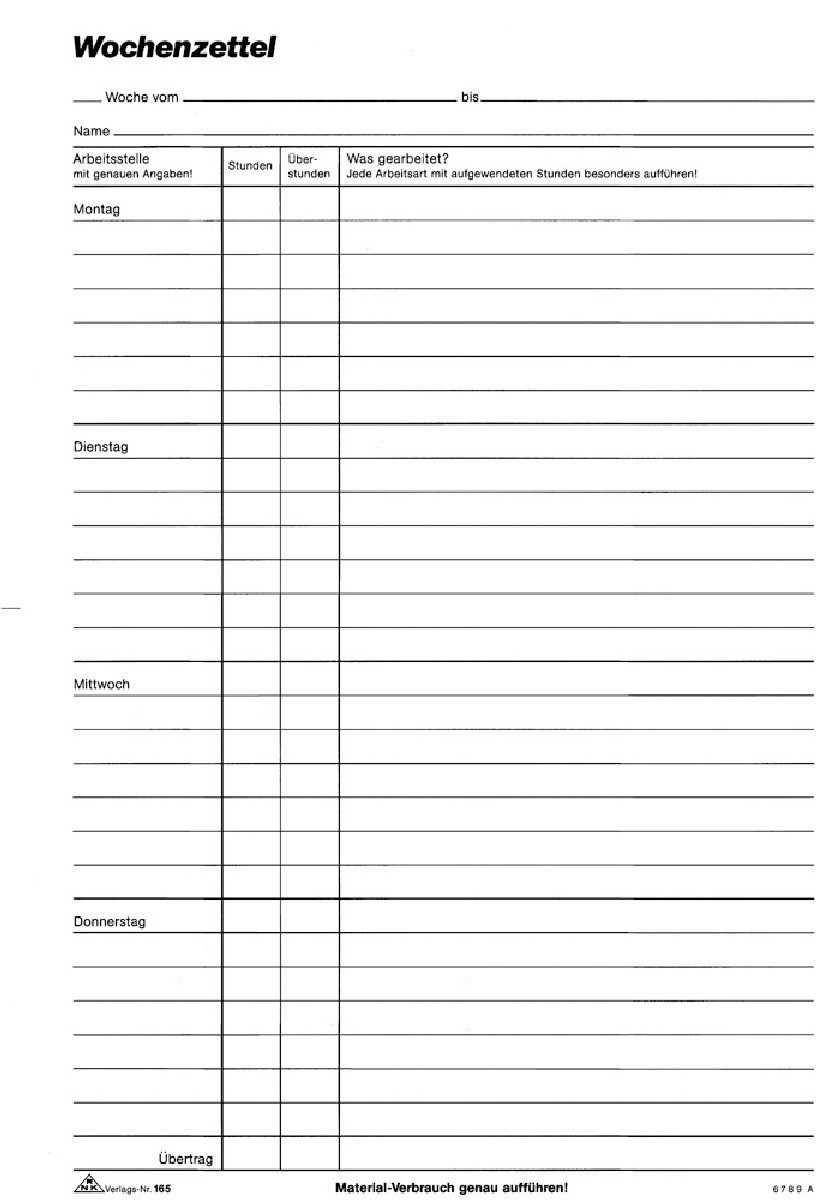 Formularblock Wochenzettel-Block A4 100 Blatt