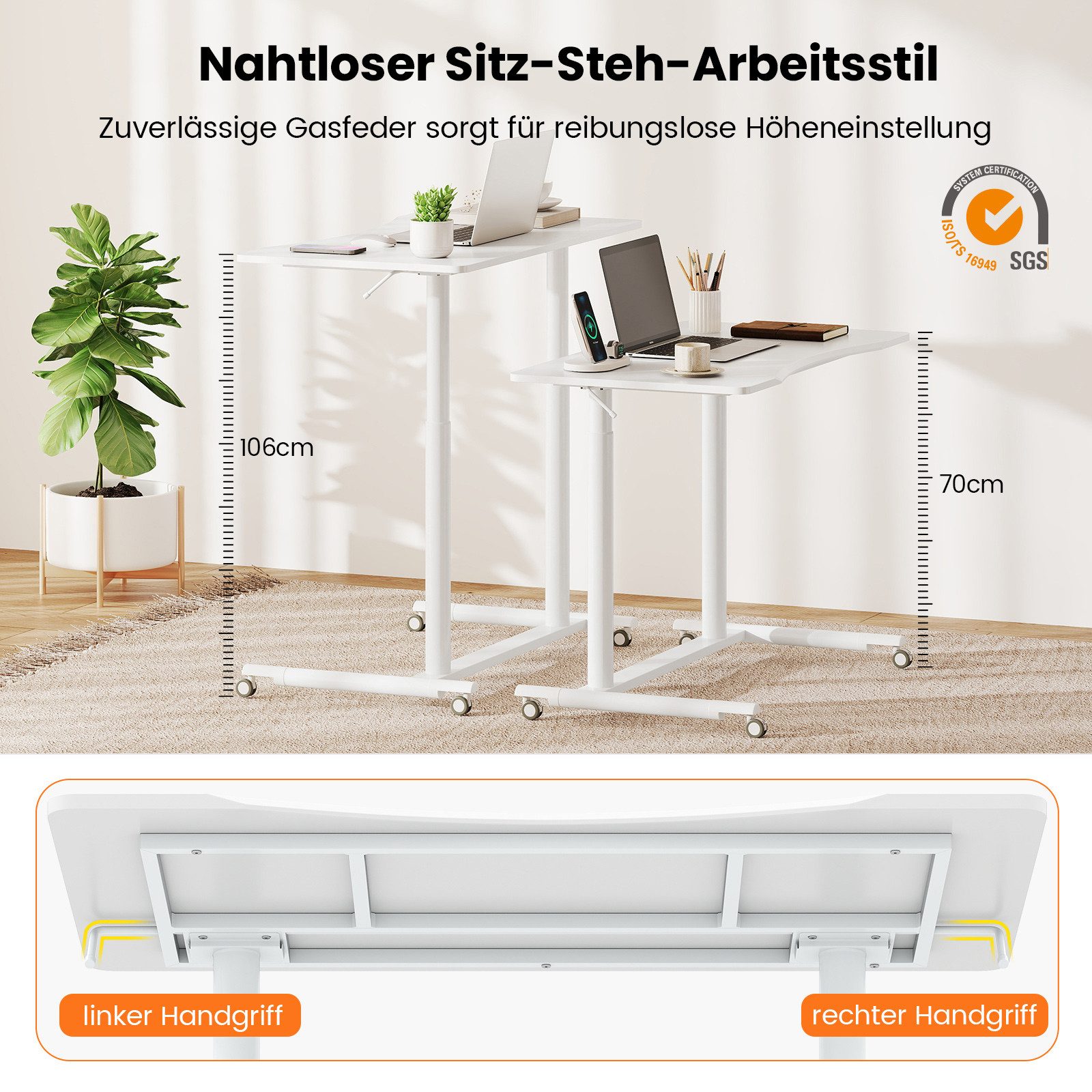 COSTWAY Schreibtisch, Höhenverstellbar, mobiler Stehschreibtisch, C-förmiger