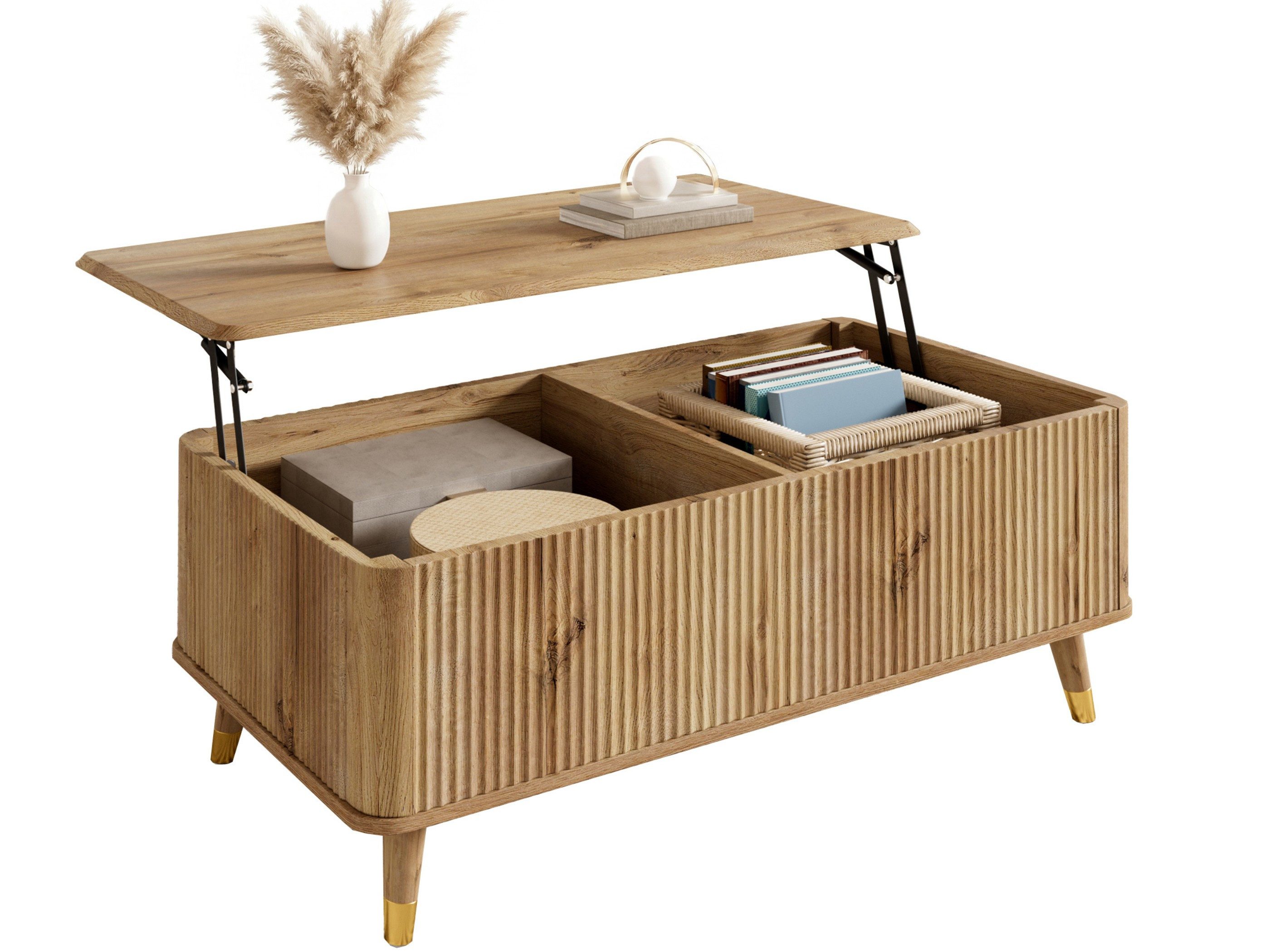 SeedWave Couchtisch Sofatisch mit Hubplatte, 2 Staufächern und Rillenstruktur (1 Tisch), Rillenstruktur, Hubplatte, verdeckter Stauraum und Holzbeine