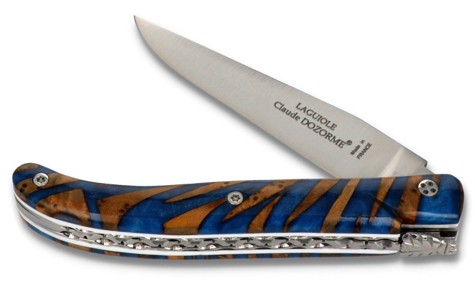 Claude Dozorme Taschenmesser 1.60.140.XXD-120066, Laguiole UNIKAT - Griff 12cm Ahorn/Acryl dunkelblau - Platine verziert