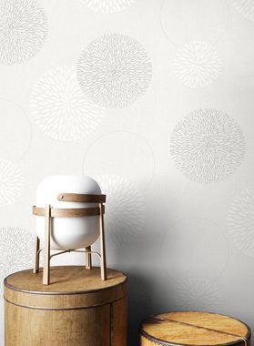 Newroom Vliestapete, Weiß Tapete Modern Kreise - Mustertapete Grau Grafisch Floral Blumen Muster für Wohnzimmer Schlafzimmer Flur