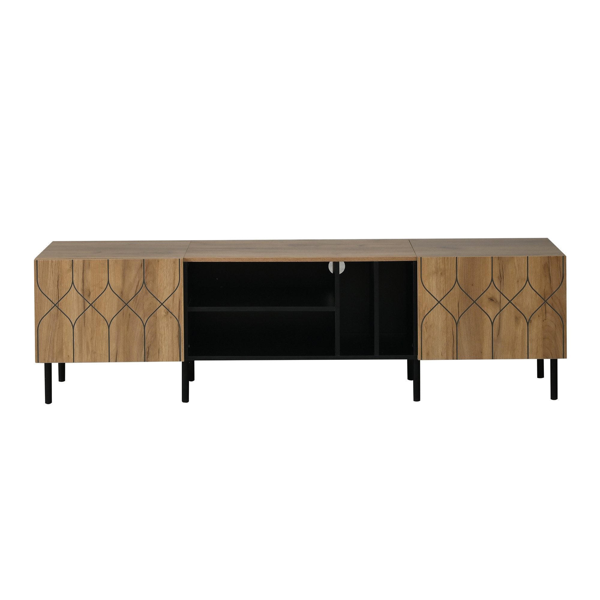 KLAM HOME Lowboard Griffloser TV-Schrank 180cm für 70-Zoll Fernseher (Modernes Lowboard mit 2 Türen & 4 offenen Fächern), Fernsehtisch mit Saugroboter-Abstand und Kabeldurchführung